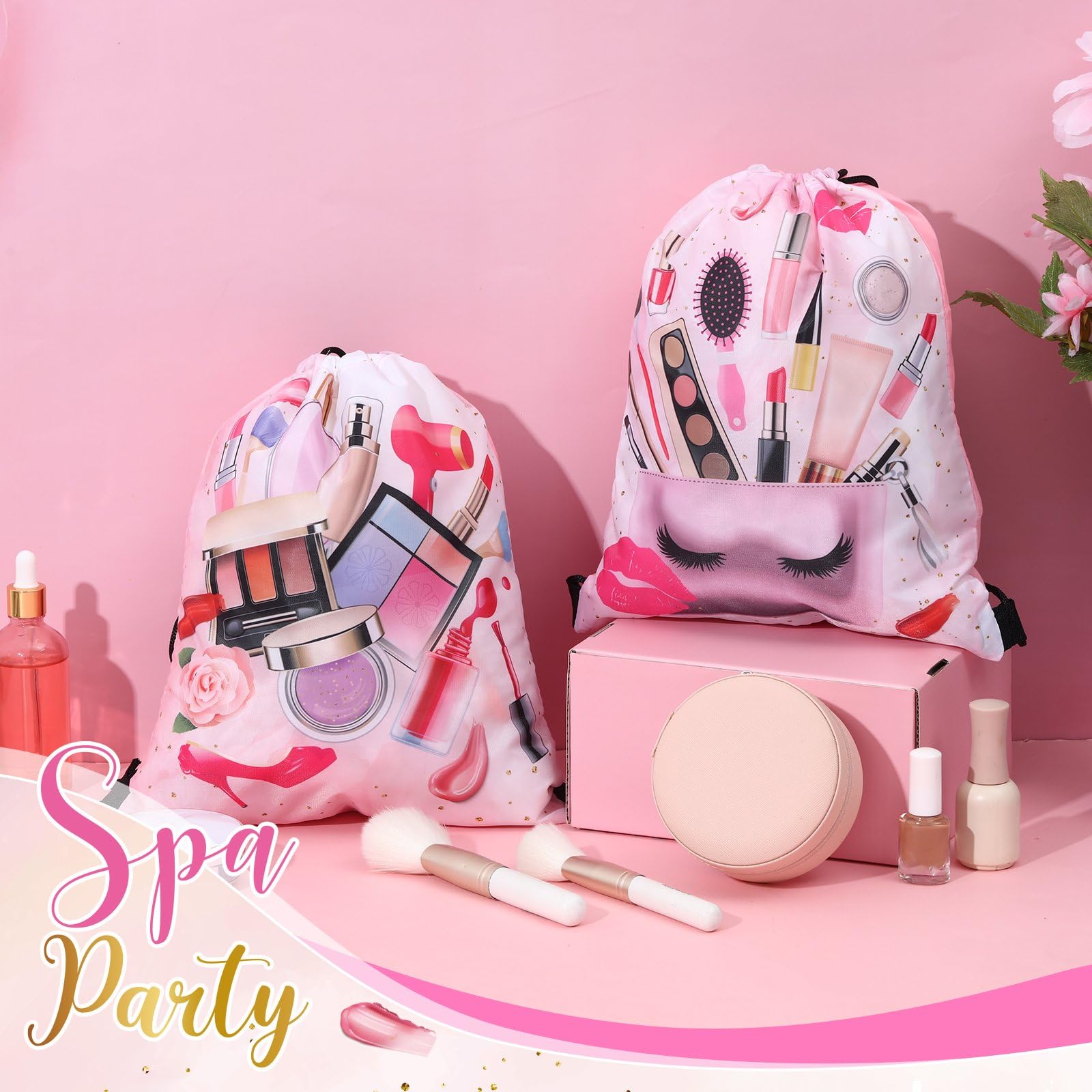 Equsion 12 Pcs Spa Party Favor Bags Drawstring Backpack Spa Party Gift Bags Supplies for Girls Women Makeup Birthday Decorations