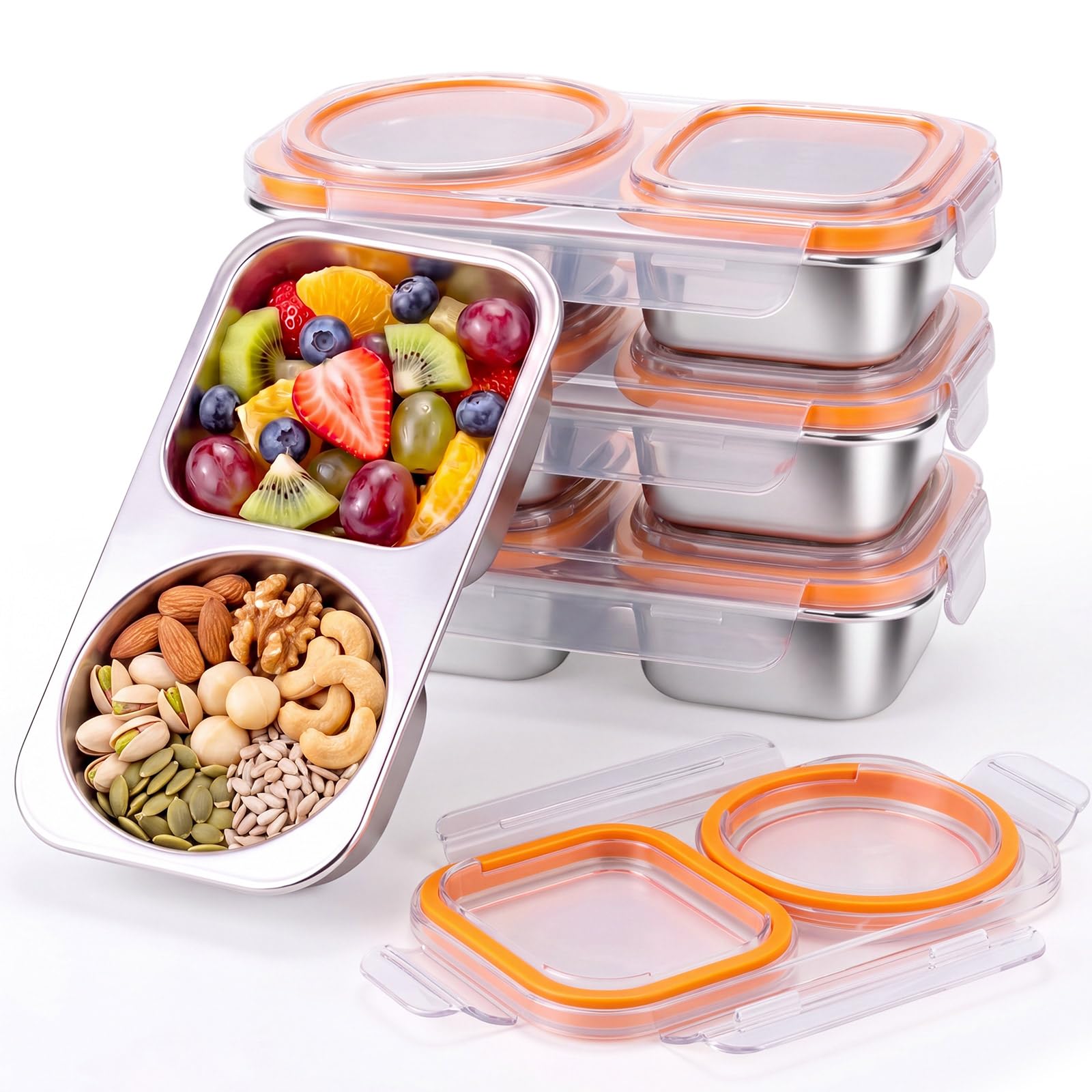 Blushtier 4 Pack Stainless Steel Snack Containers 2 Compartment, Orange