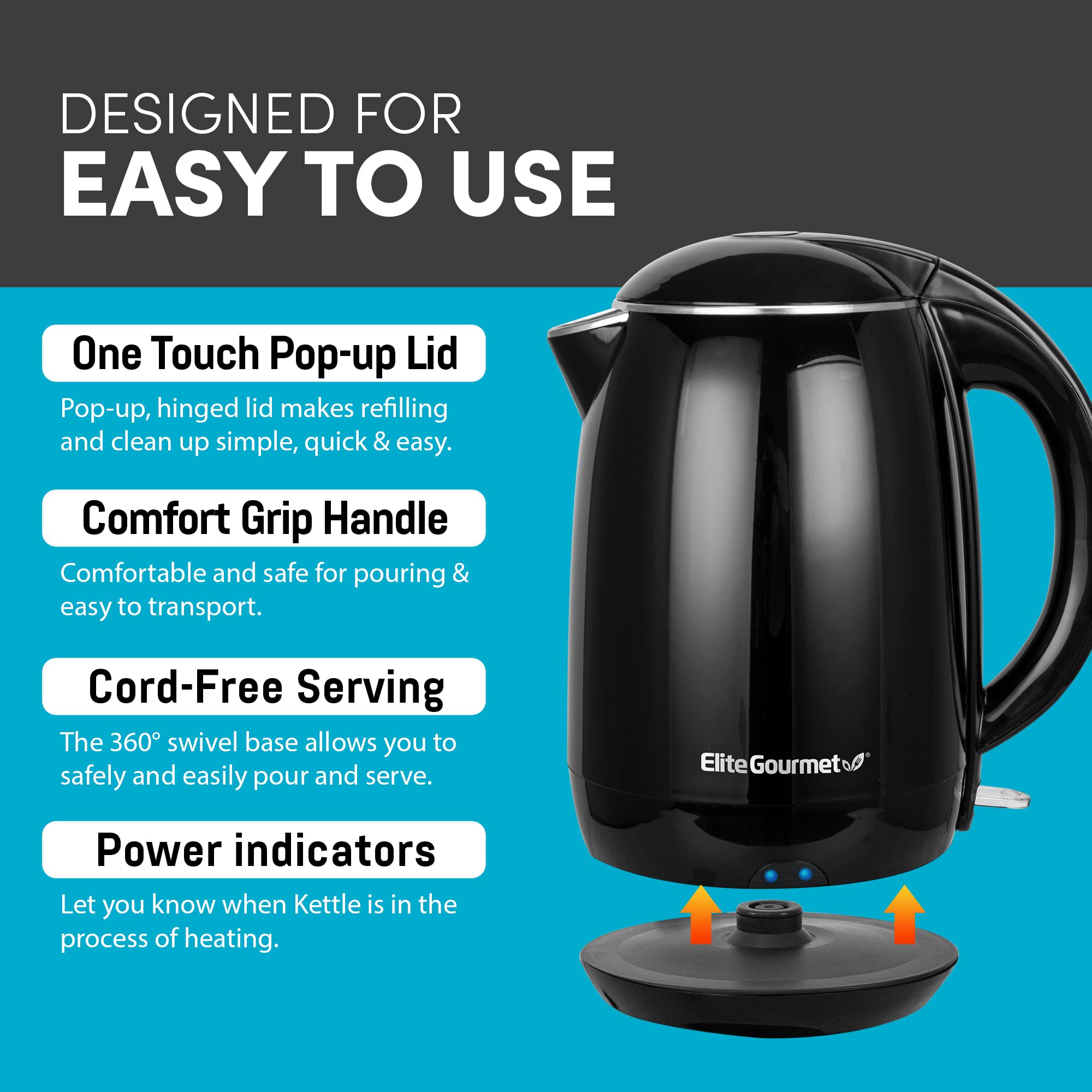 Elite Gourmet Ekt1821 1.8L Double Wall Insulated, Cool-Touch 1500W Kettle W/Stainless Steel Interior & Lid, 360 Swivel Base For