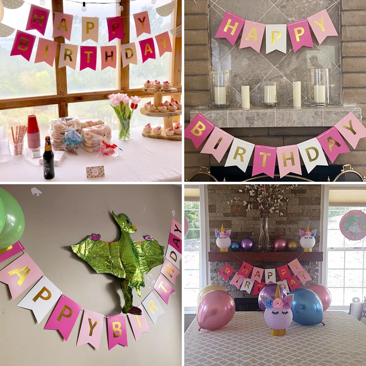 Tri-Color Happy Birthday Banner With Gold Letters, Swallowtail Design Hanging Signs Party Decorations