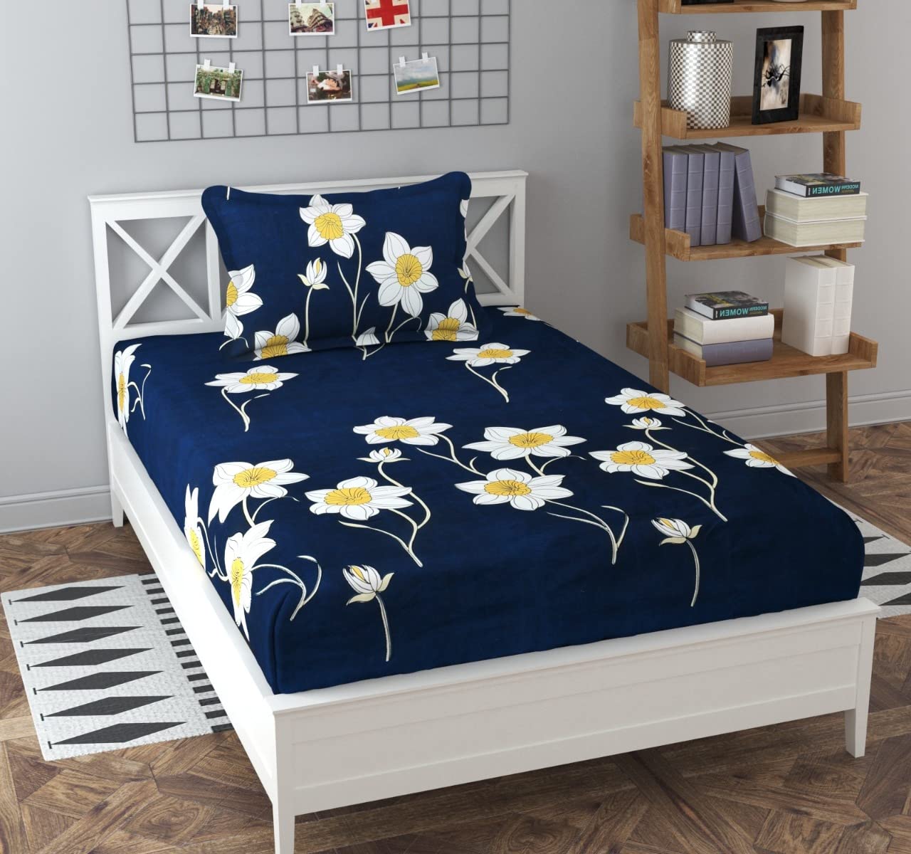 Dahlia Elastic Fitted Glace Cotton Single Bed (72x48x Upto 6 Inches) Bedsheet with 1 Pillow Covers200TC (SurajMukhi, Blue Color