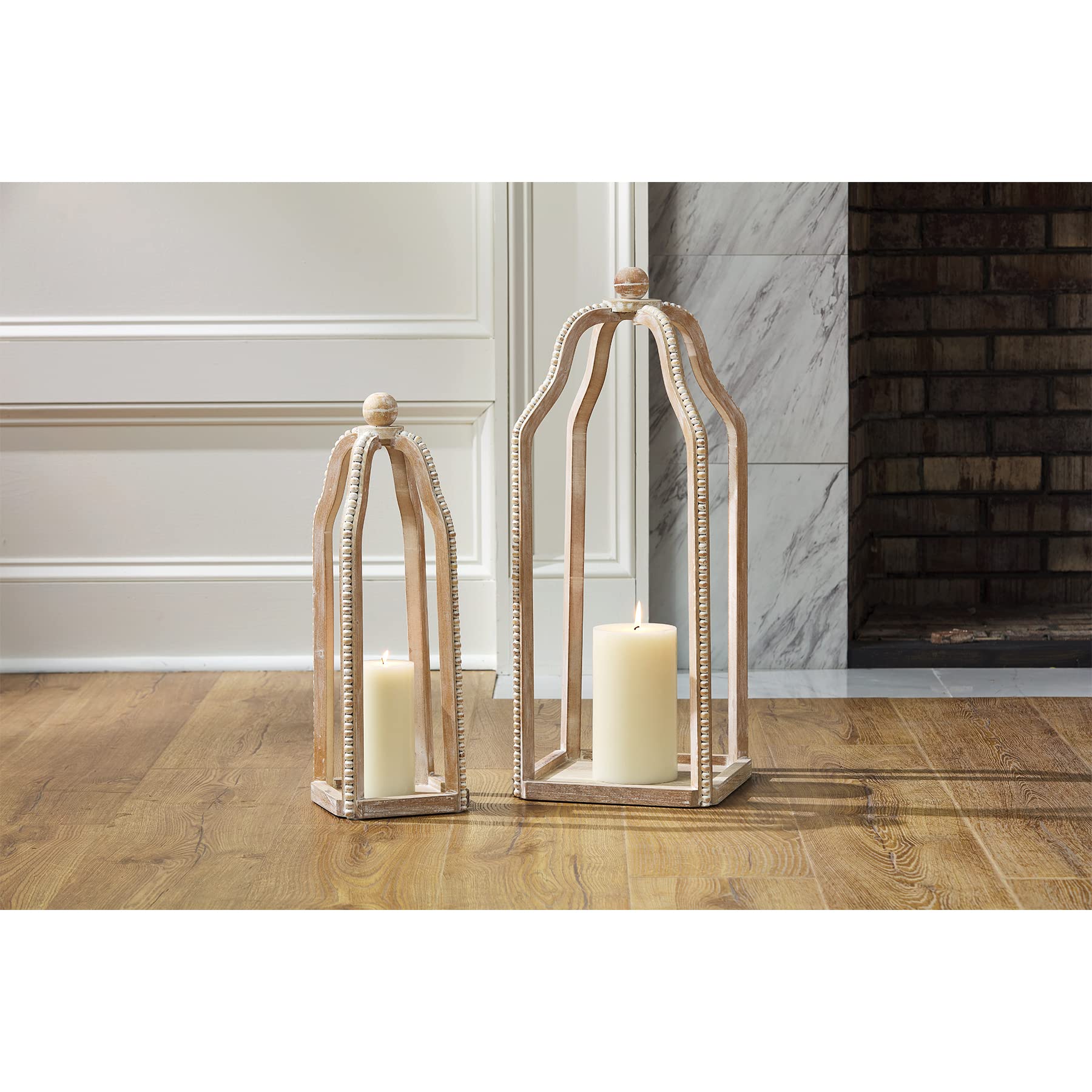 Mud Pie Tall Wood Beaded Lantern, Brown, Small 21.5 x 7.5 | Large 25.5 x 9.5