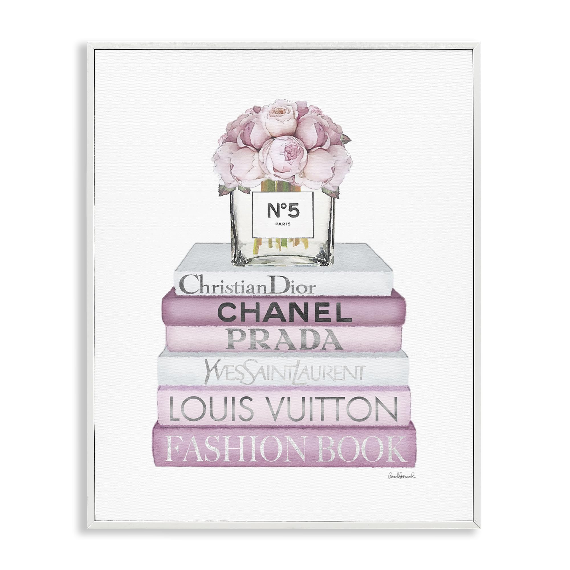 Stupell Industries Soft Pink Rose Bookstack, Framed Giclee Art, White, 16 x 20 Inches, Easy to Hang and Sturdy, Made in USA, b