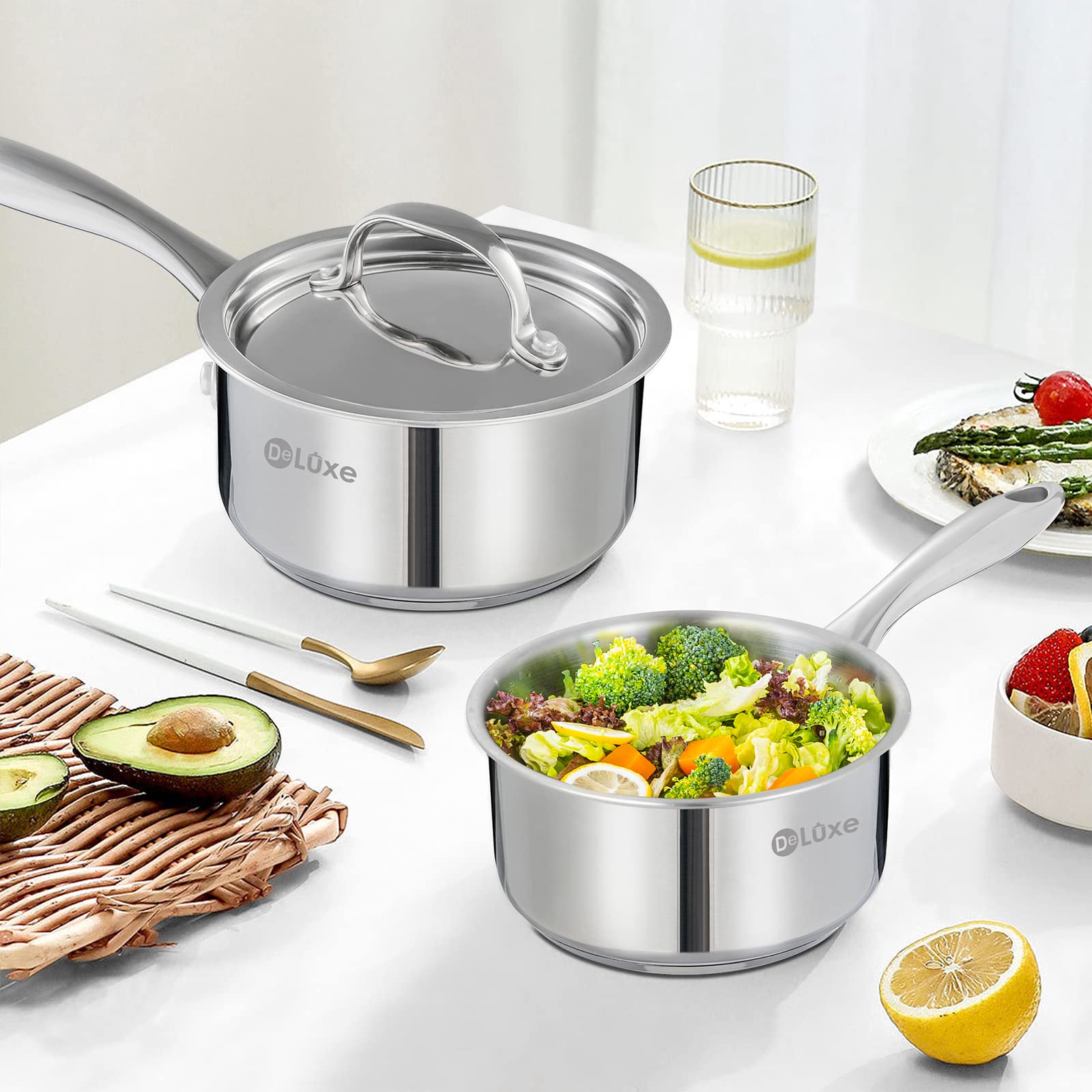Deluxe Sauce Pan With Lid, 1 Quart Stainless Steel Saucepan With Stay-Cool Handle, Multipurpose Cooking Pot For Sauces Pasta, Su