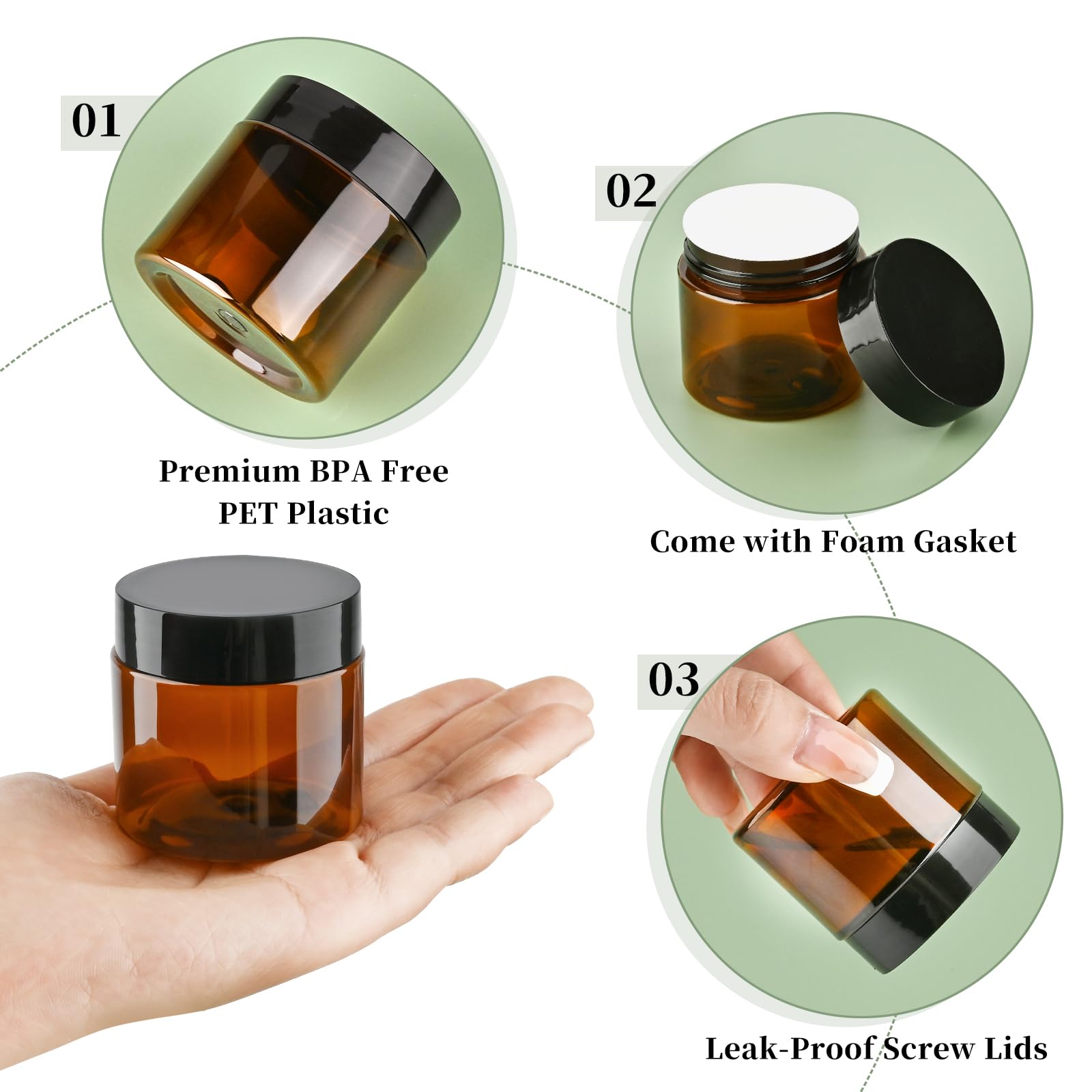 Tuzazo 2 Oz Amber Plastic Cosmetic Jars Leak Proof Small Container With Lids For Cream, Lotion, Powder, Ointments, Beauty Produc