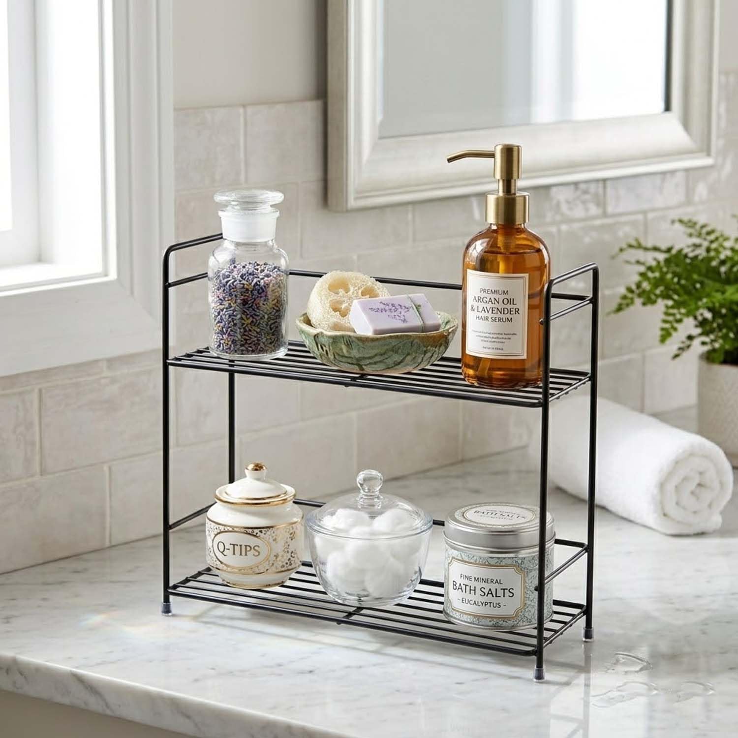 Go Hooked 2 Tier Metal Storage Rack Organizer 31cm | Multipurpose Countertop Shelf for Home, Bathroom & Utility Storage | Black 