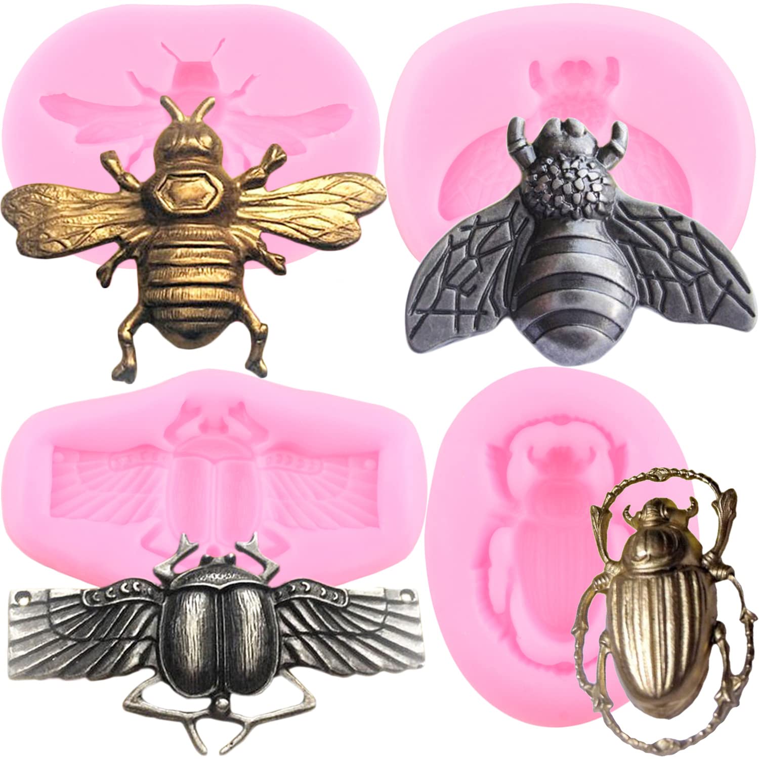 Mujiang Beetle Bee Silicone Molds Nature Insects Fondant Mold For Cake Decorating Candy Chocolate Resin Set Of 4