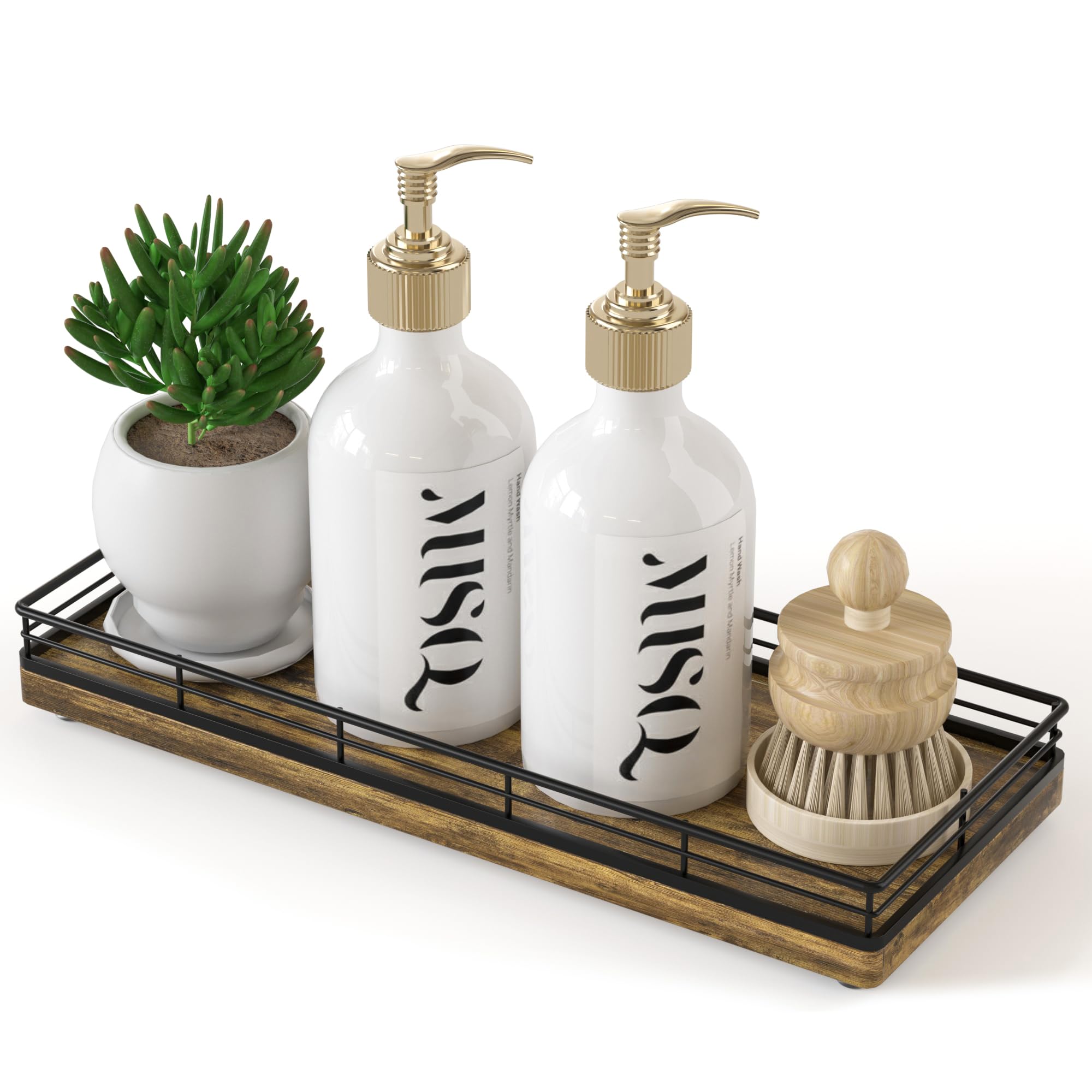 Farmhouse Kitchen Soap Tray, 11'' Sink Countertop Wood Soap Dispenser Tray Brush Holder, Spice Salt And Pepper Organizer For Din