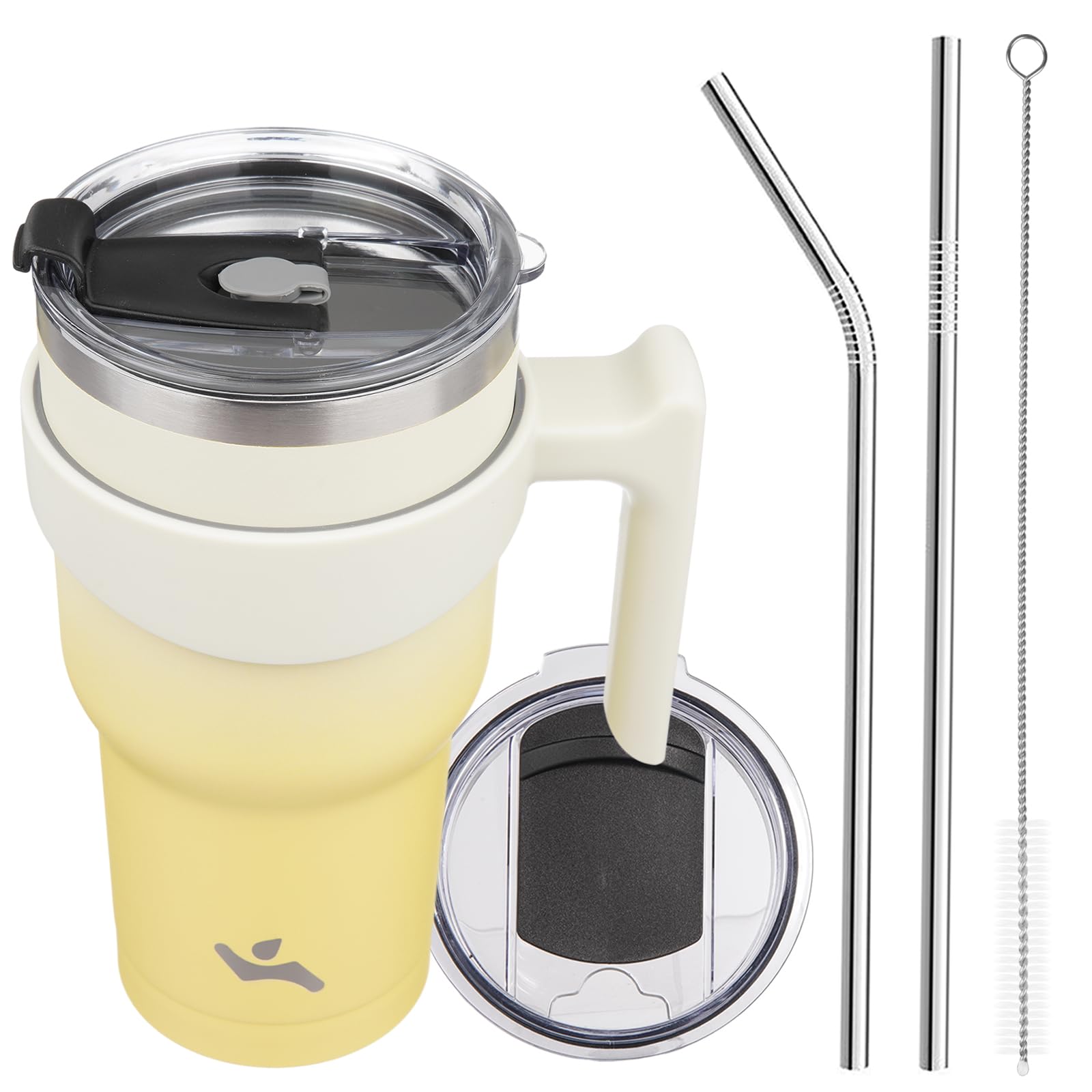 Konokyo 30 oz Tumbler with Handle and 2 Straw 2 Lid, Insulated Water Bottle Stainless Steel Vacuum Cup Reusable Travel Mug,Lemon