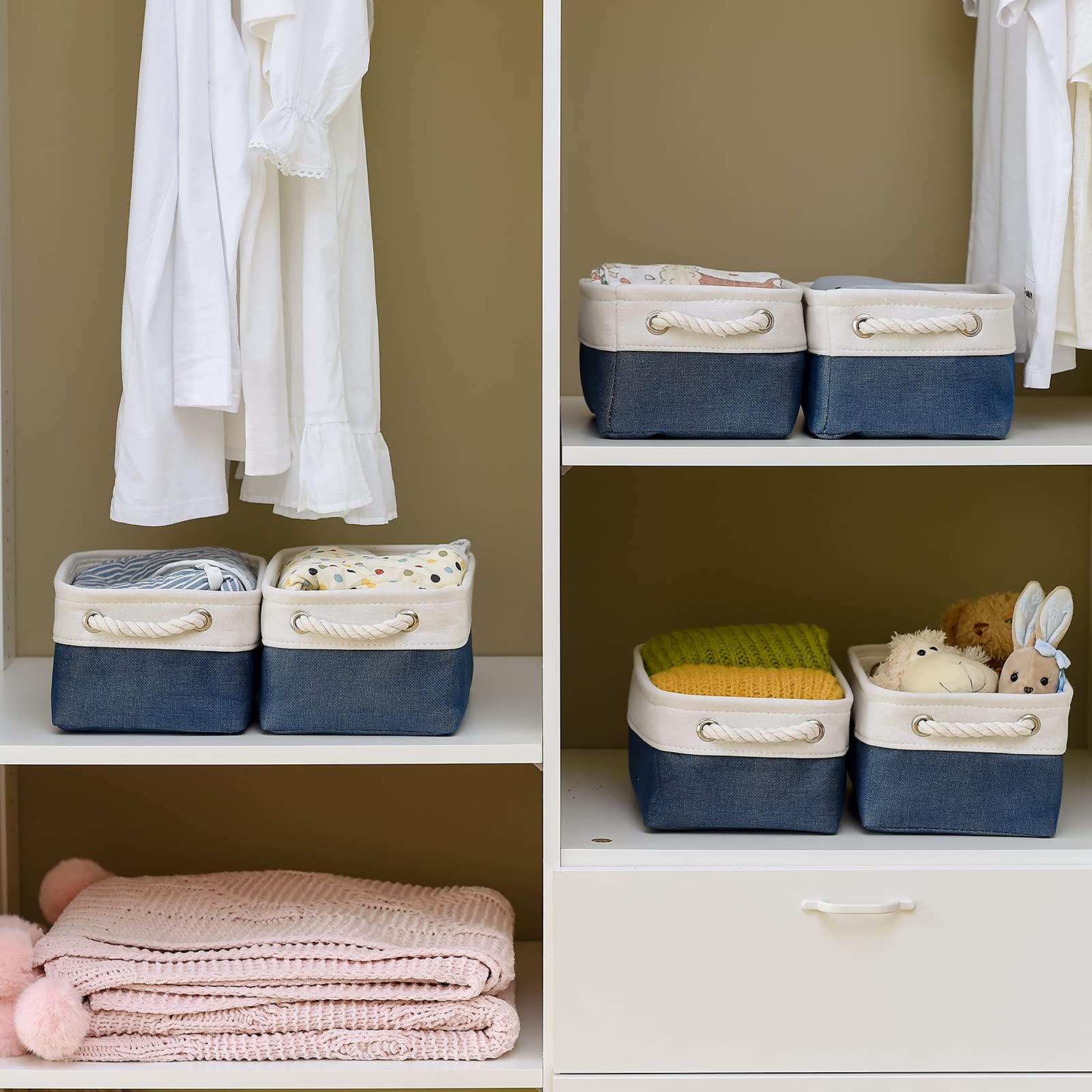 Storage Basket For Organizing - 12X8X5.2 Inch Small 6 Pack Fabric Storage Bin Collapsible Baskets For Shelves With Rope, Storage