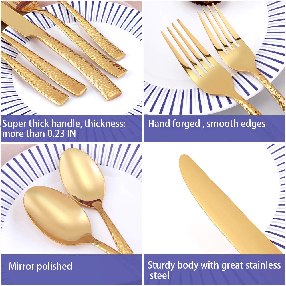 Kelenfer Gold Flatware Silverware Set 20 Piece Stainless Steel Forged Hammered Cutlery Set Service For 4