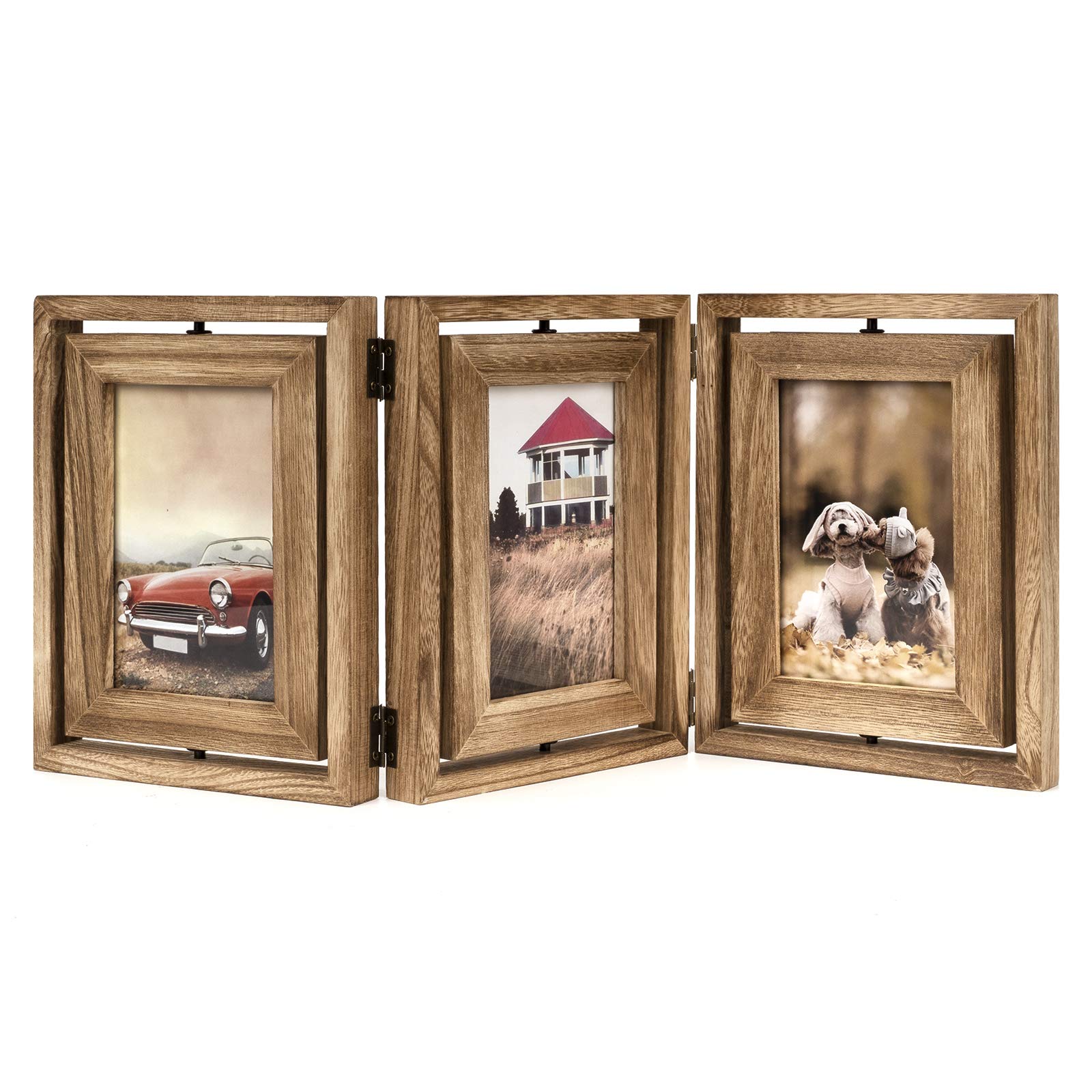 Emfogo 4x6 Picture Frame Rustic Wood Hinged Folding Triple Picture Frames Collage, Double-Sided Display Rotatable High Definitio