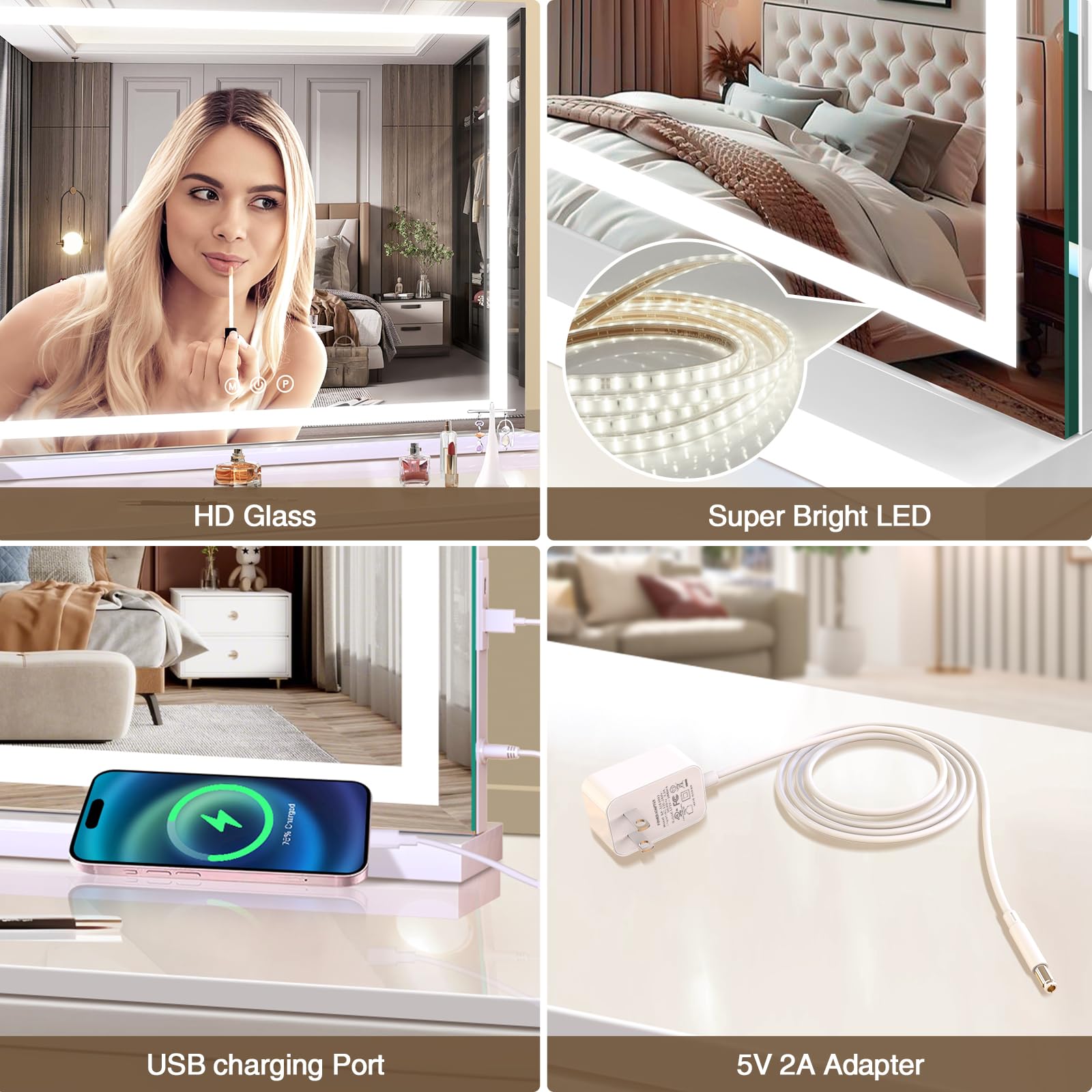 Halumao Vanity Mirror With Lights, 31.5 X 23.6 Large Makeup Mirror With Led Lights, Smart Touch Dimmable 3-Color Light, Memory F