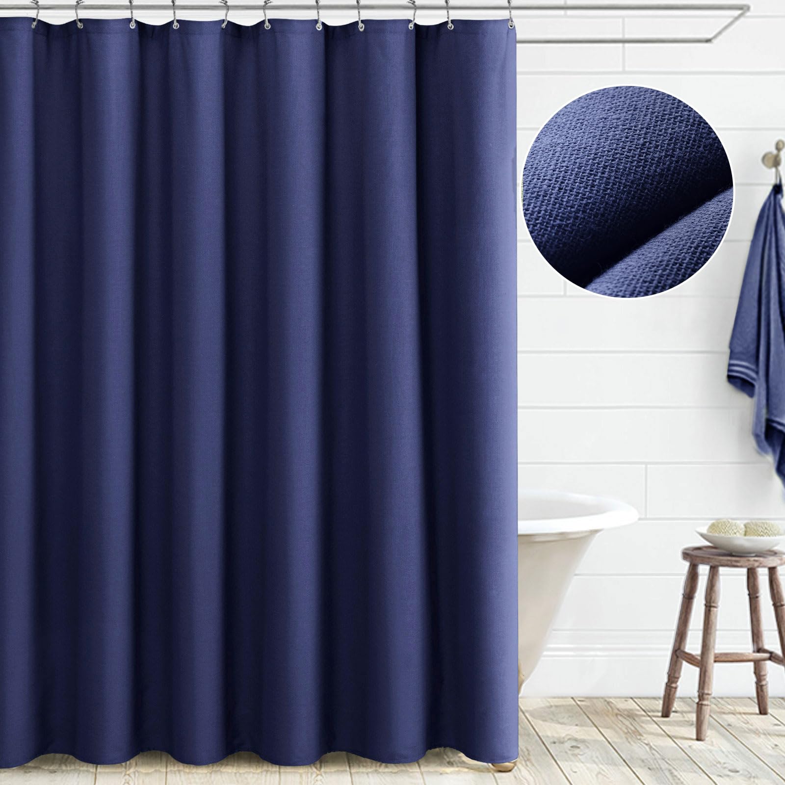Awellife Navy Blue Linen Shower Curtain For Bathroom Natural Cotton Cloth Fabric Farmhouse Boho Shower Curtain With 12 Durable H
