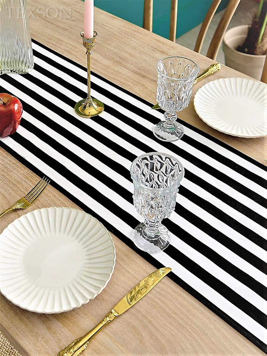 Texson 12 X 48 Inch Black And White Striped Table Runner, Boho Cotton Black And White Table Runner For Modern Wedding Party Deco