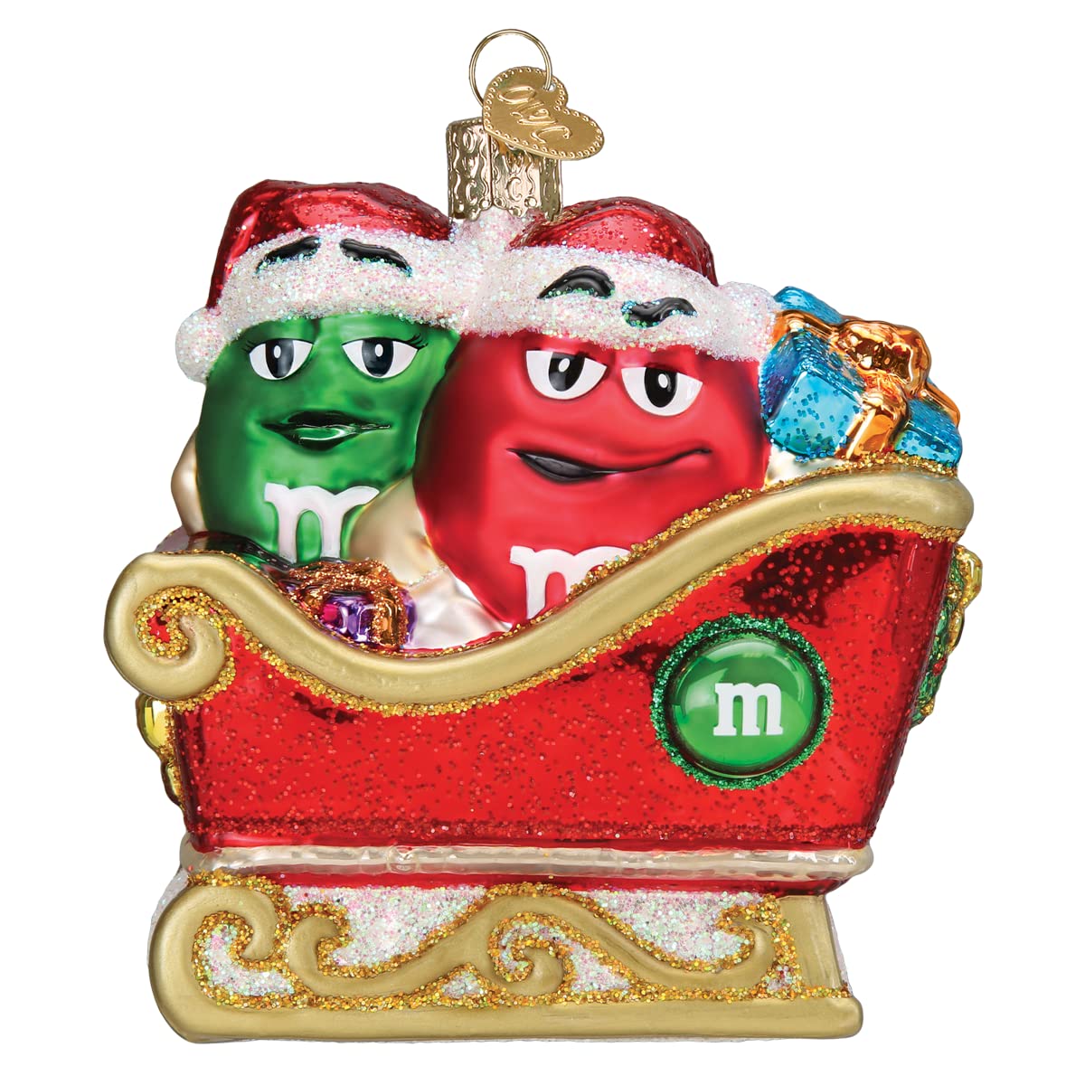 Old World Christmas M&M S in Sleigh Glass Blown Ornament for Christmas Tree, Handcrafted Holiday Decoration, M&Ms Collection