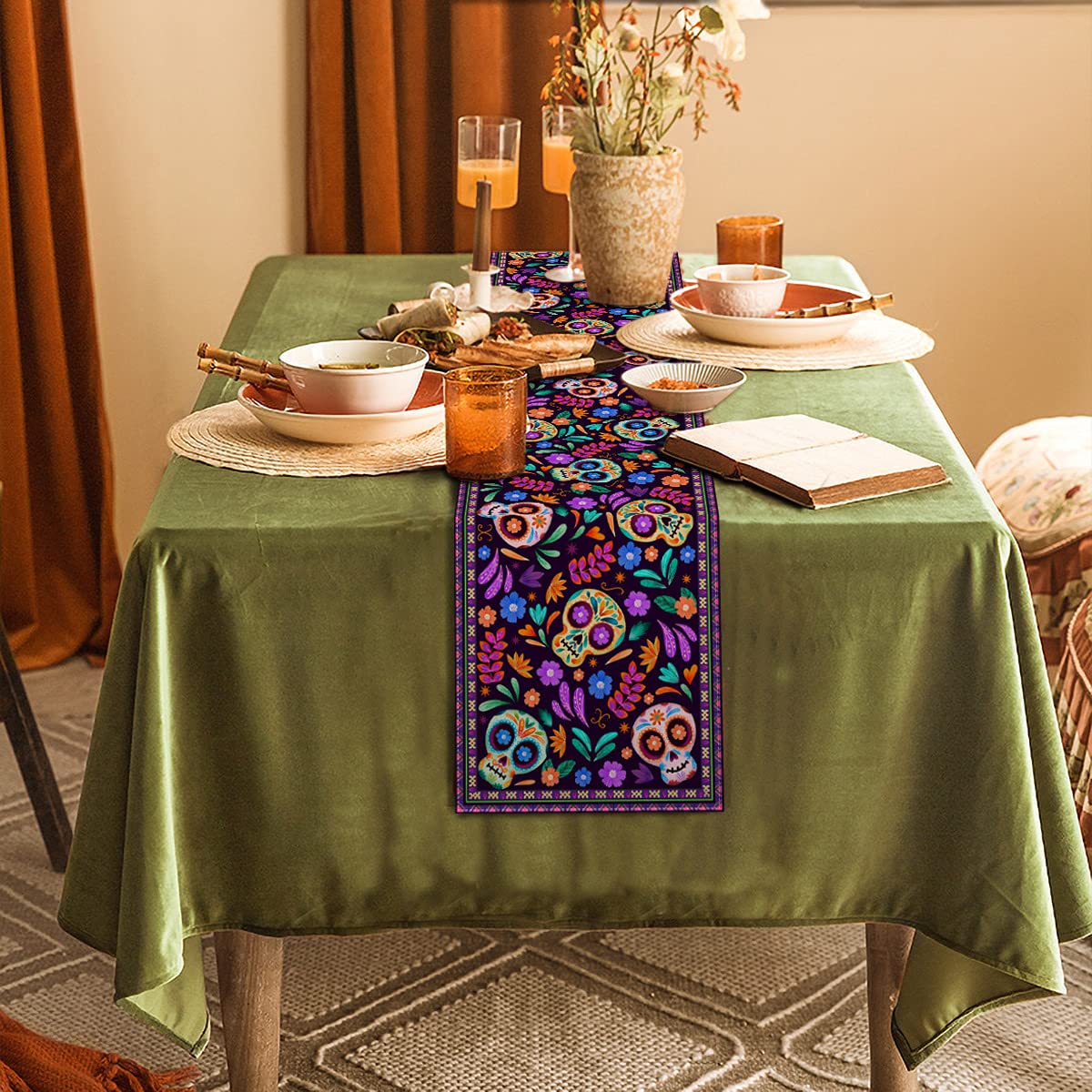 Dia De Los Muertos Table Runner Cinco De Mayo Rustic Linen Mexican Sugar Skull Day Of The Dead Altar Decoration For Home Kitchen