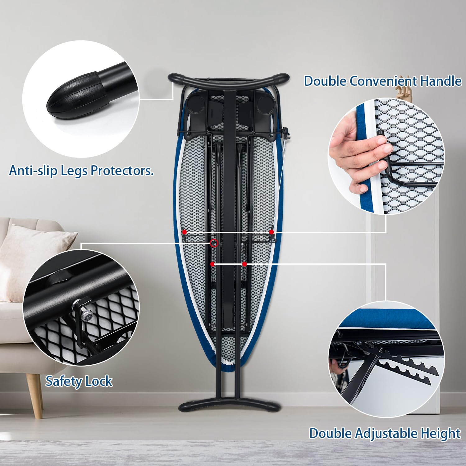 Duwee 18''x48'' Deluxe Ironing Board with Retractable Iron Rest Extra Wide Ironing Board Thicken Steel Top Board with Sleeve Board Adjustable Height T-Leg Foldable