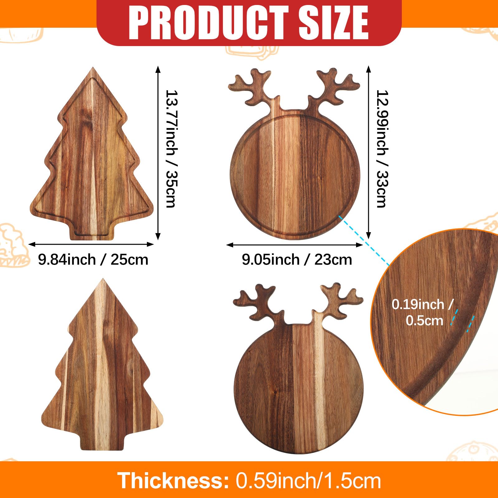 Umigy 2 Pcs Christmas Charcuterie Boards Christmas Tree Wooden Cutting Board with Handle Antler Acacia Wood Cute Cutting Board f