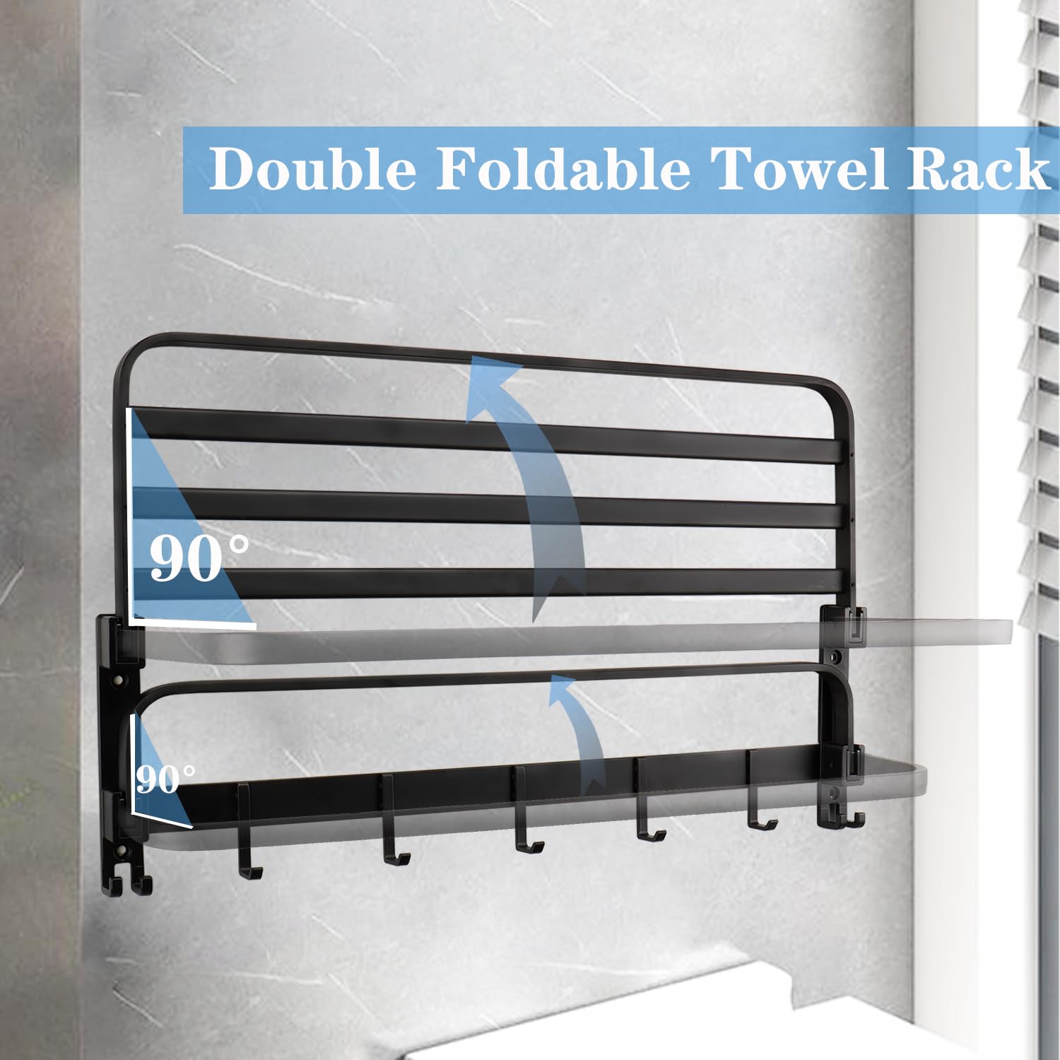Vanloory Towel Racks For Bathroom, Foldable Towel Shelf With Towel Bar & 7 Towel Hooks, Rustproof Double Bath Towel Holder Wall