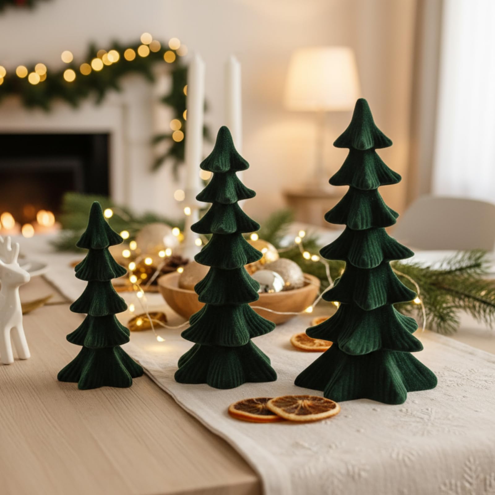 Newwiee 3 Pcs Christmas Velvet Trees Set Velvet Christmas Tree Cone Ceramics Flocked Modern Tabletop Centerpieces Farmhouse Home