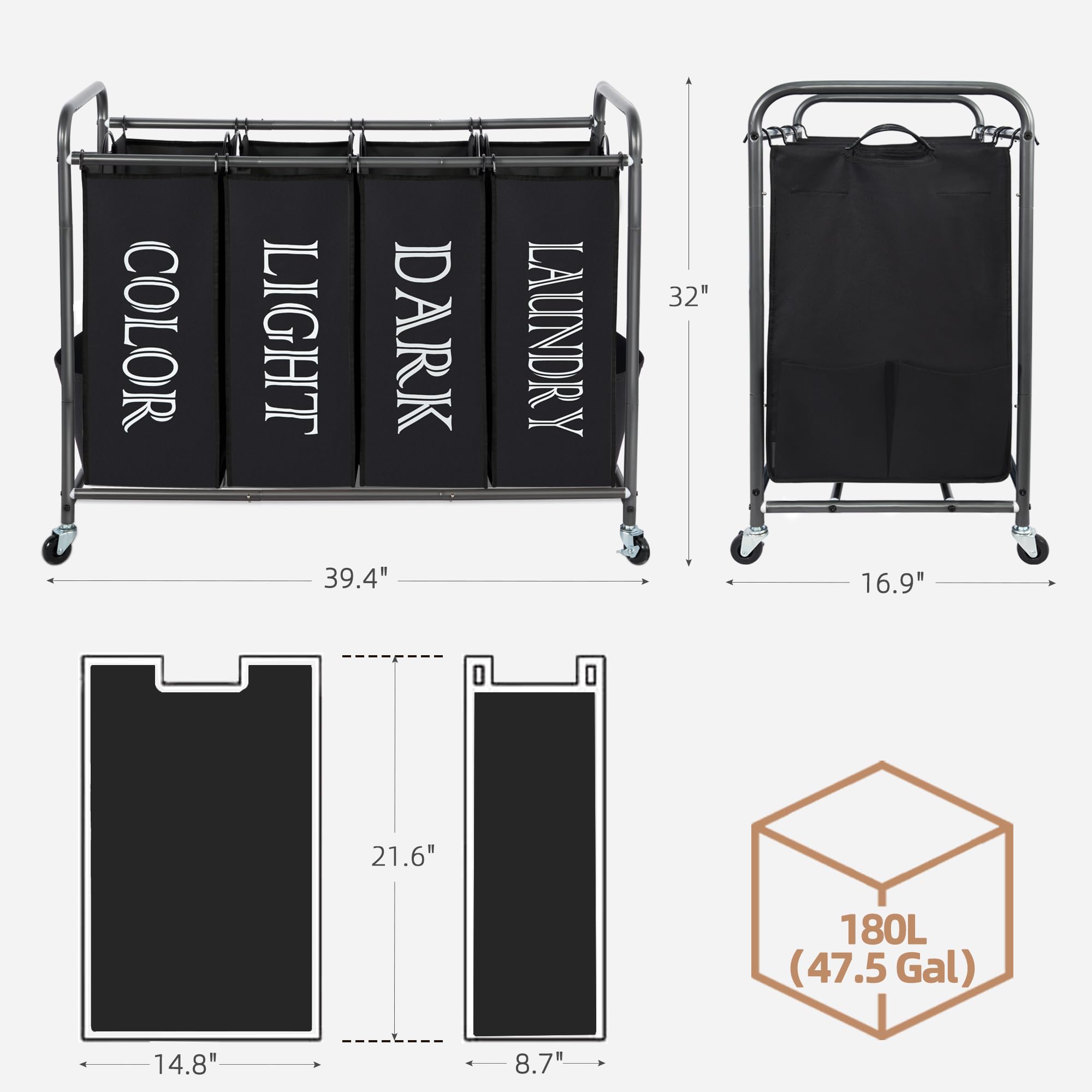 STORAGE MANIAC Laundry Sorter  Divider with Side Pockets  Multi Separator Hamper Removable Bags and Rolling Lockable Wheels  Organizer Hamper  4 Section Black