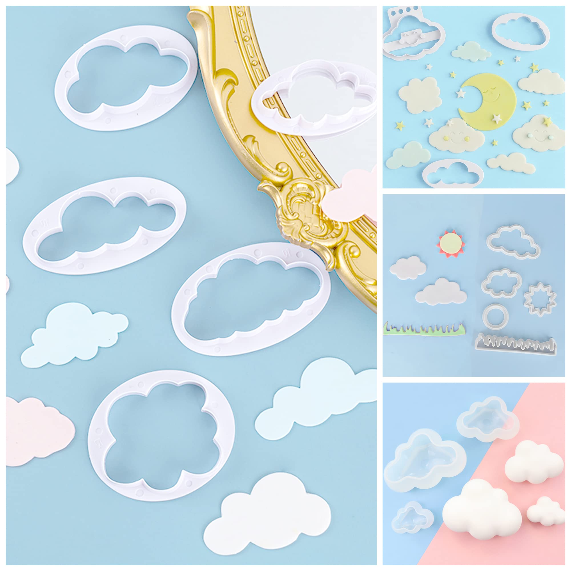 14 Pieces Cloud Shape Mold Set, 11 Pieces Cloud Cookie Cutters And 3 Pieces 3D Cloud Silicone Molds Fondant Cloud Cutter Cake Mo
