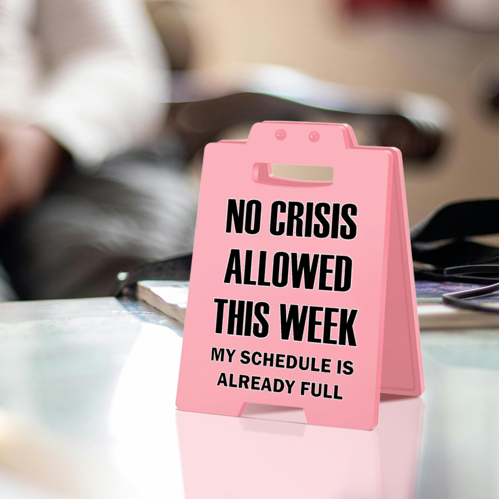 Funny Pink Desk Sign - NO CRISIS ALLOWED THIS WEEK Office Decor for Women - Cute Cubicle Sign, Work Desk Accessory, Gag Gift for