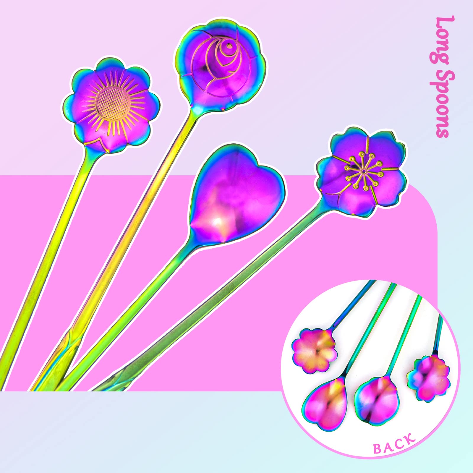 9 Pcs Rainbow Flower Spoon Set, Leefone 2 Different Size Stainless Steel Reusable Teaspoons Coffee Sugar Stirring Spoon Dessert
