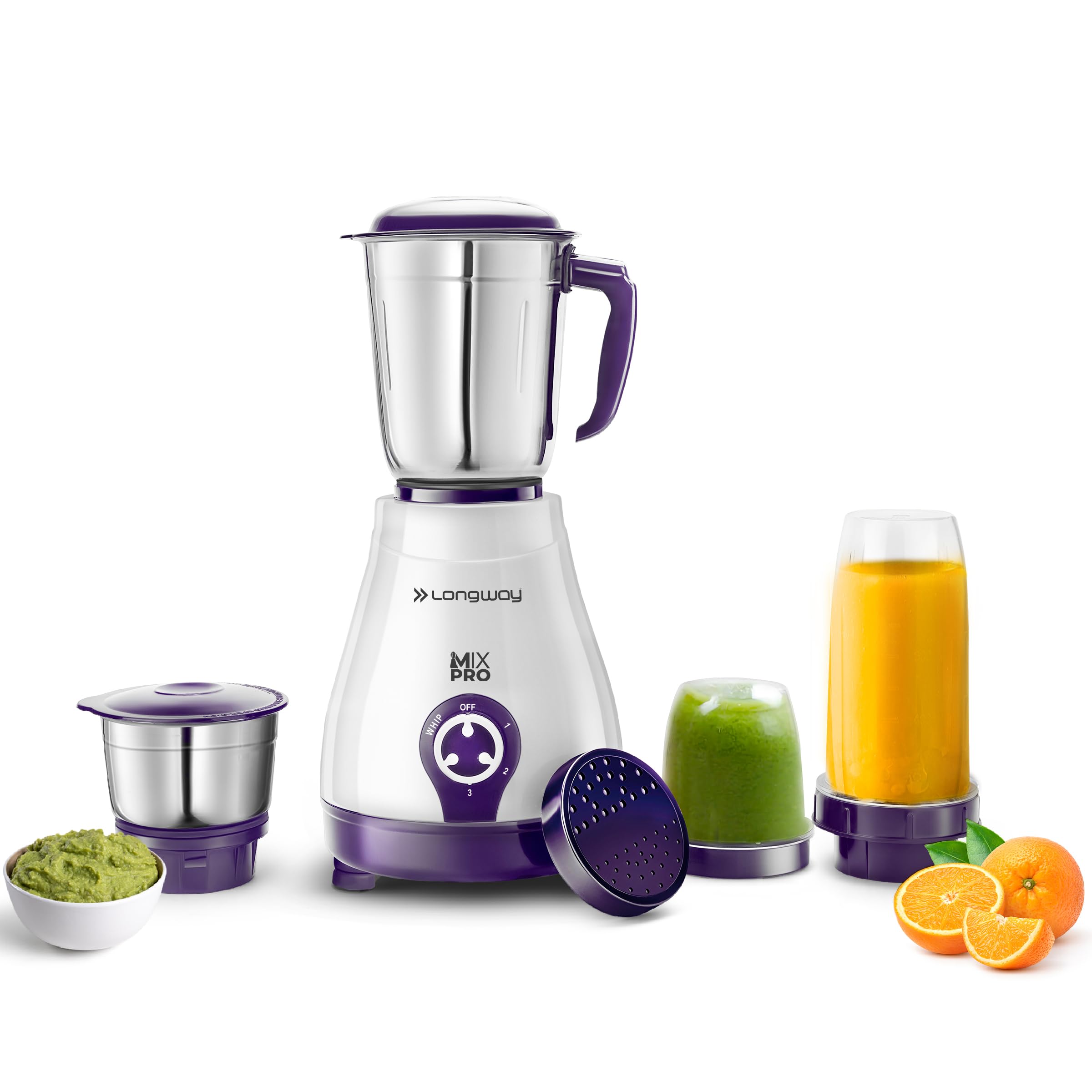 Longway Mix Pro 550 Watt Mixer Grinder With 4 Jars For Grinding, Mixing, Blending, Juicing With Powerful Motor (Purple, 4 Jars)