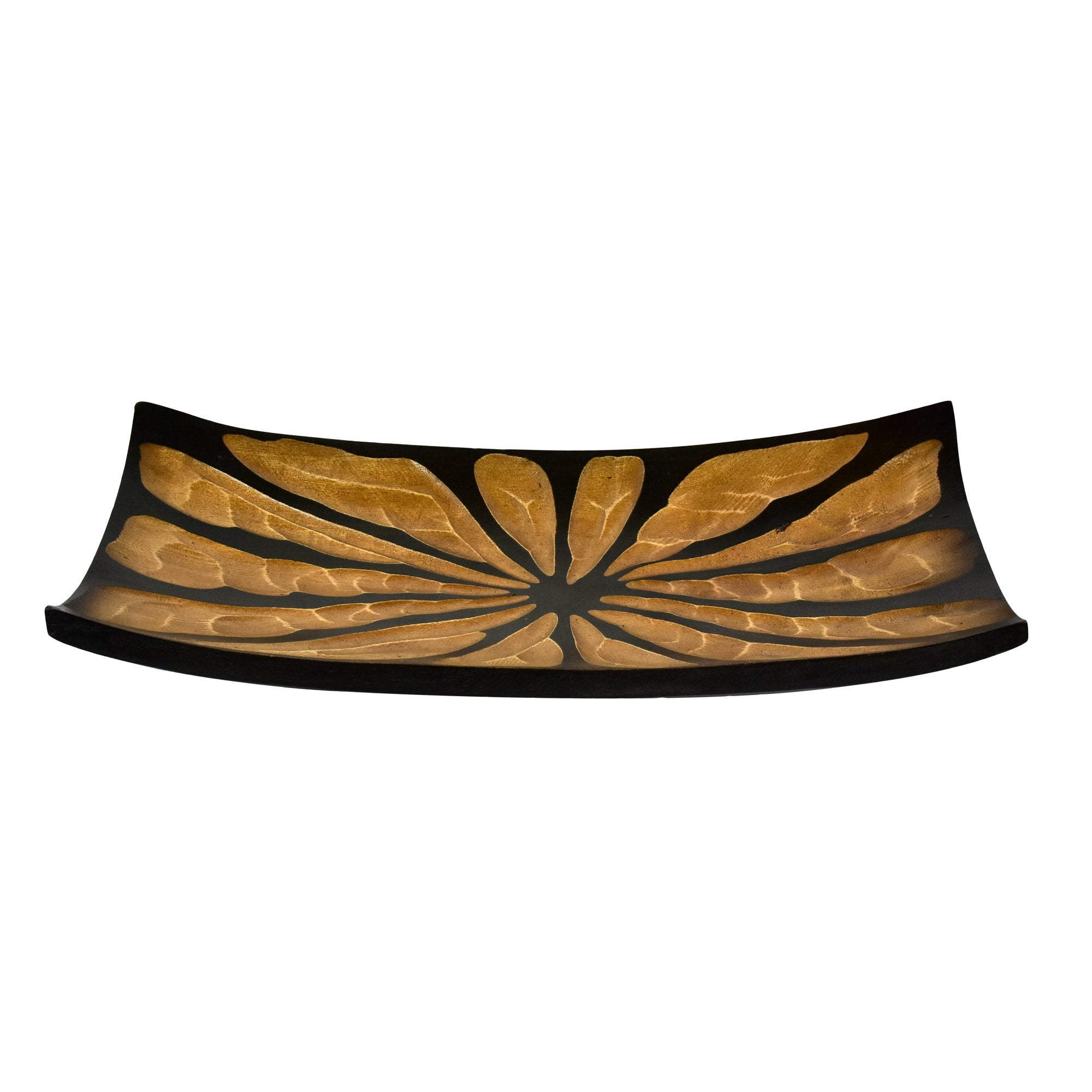Aeravida Handcarved Flower Or Burst 2-Tone Stained Rectangular Shaped Wooden Serving Bowl | Serving Tray With Handles