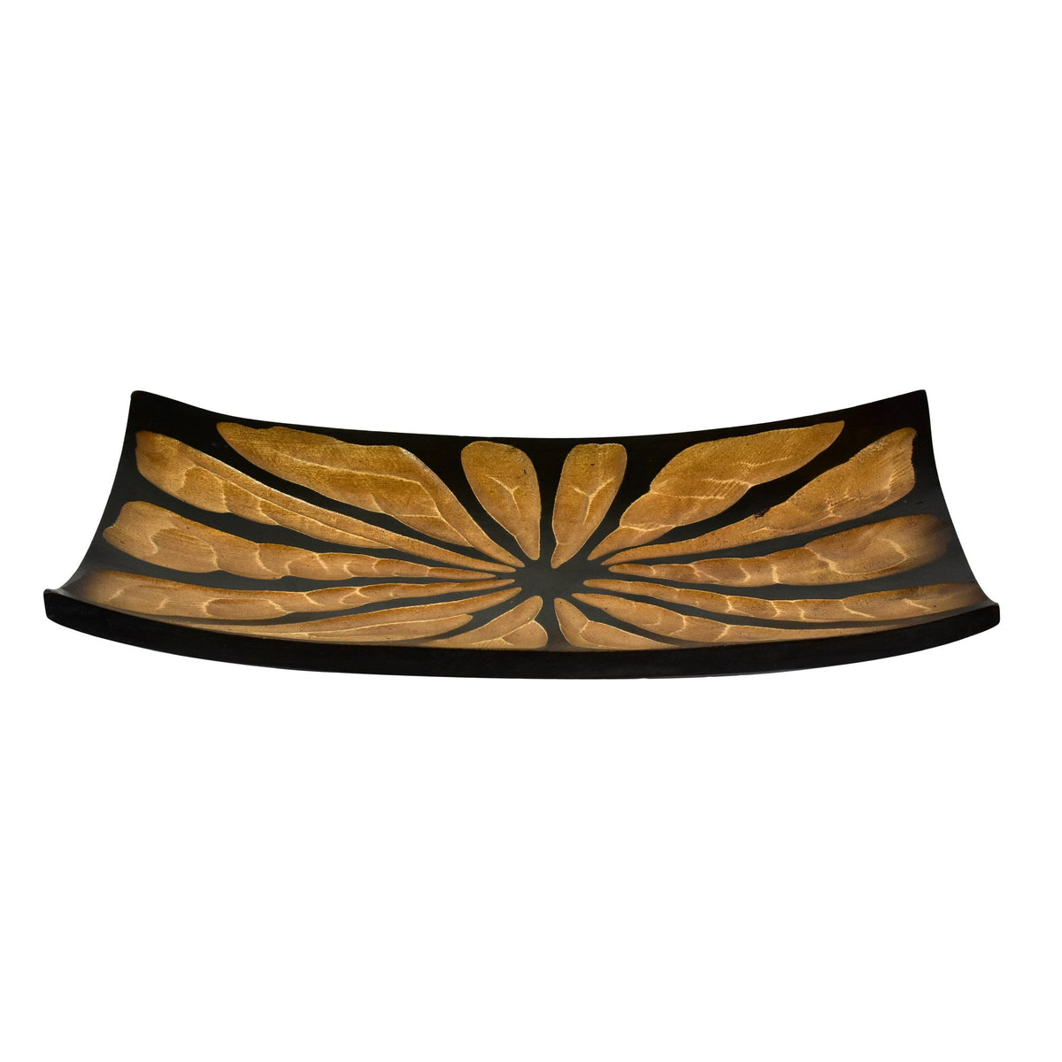 Aeravida Handcarved Flower Or Burst 2-Tone Stained Rectangular Shaped Wooden Serving Bowl | Serving Tray With Handles