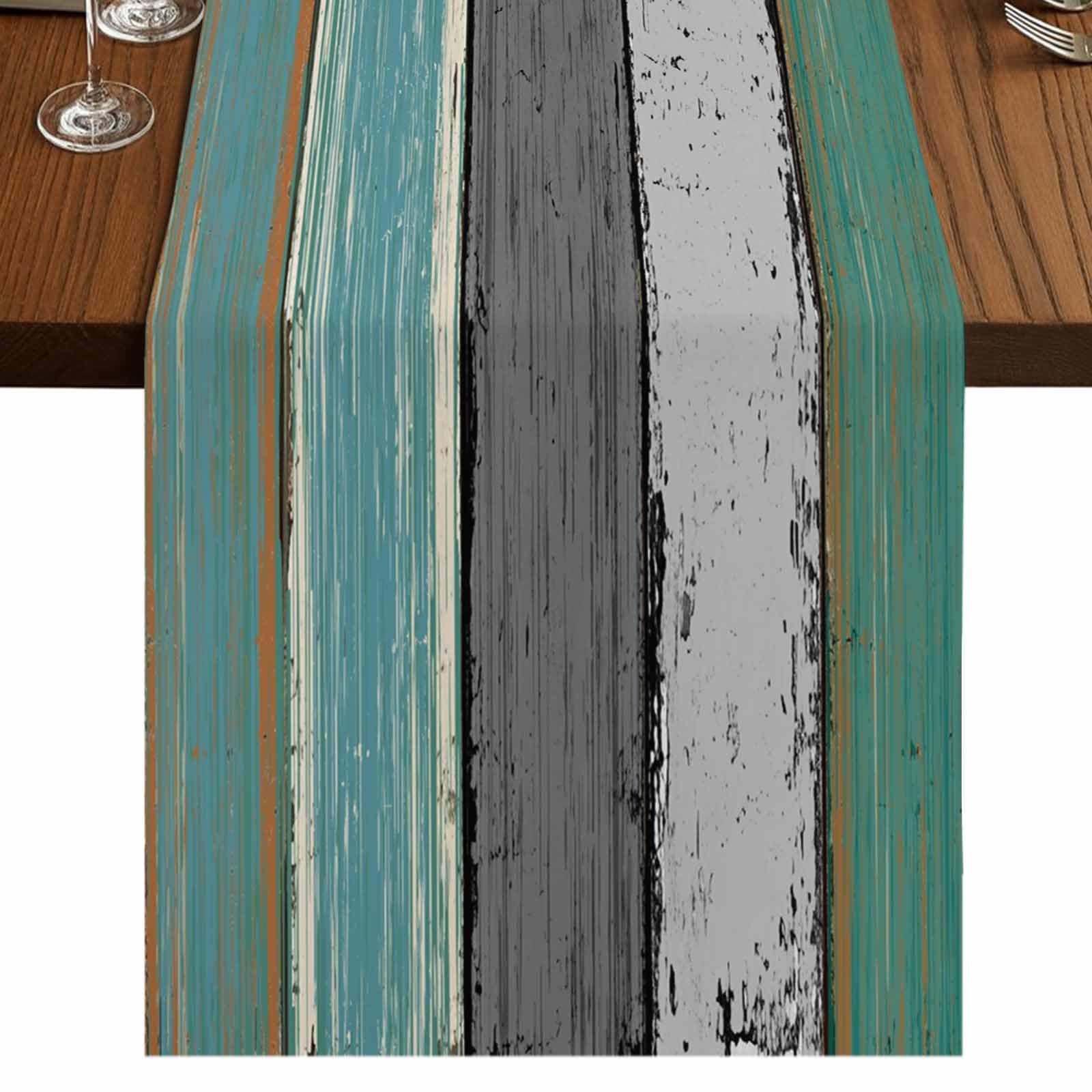 Farmhouse Cotton Linen Table Runner Dresser Scarf Extra Long 108 inches- Retro Rustic Barn Wood Texture Ombre Sea Teal Green Gra