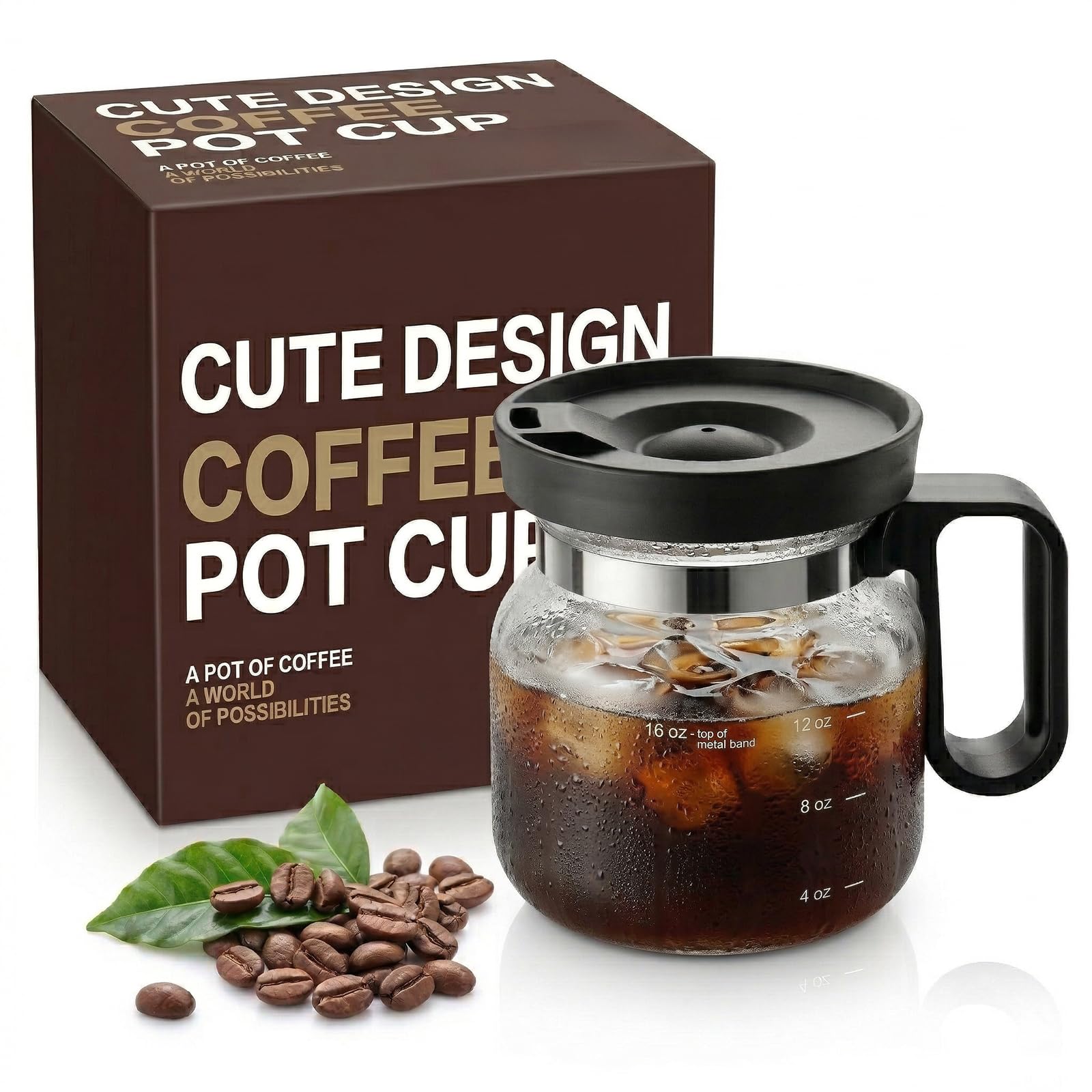 Coffee Pot Mug, 16oz Glass Coffee Cup with Lid, Cute Pour Over Style Mug