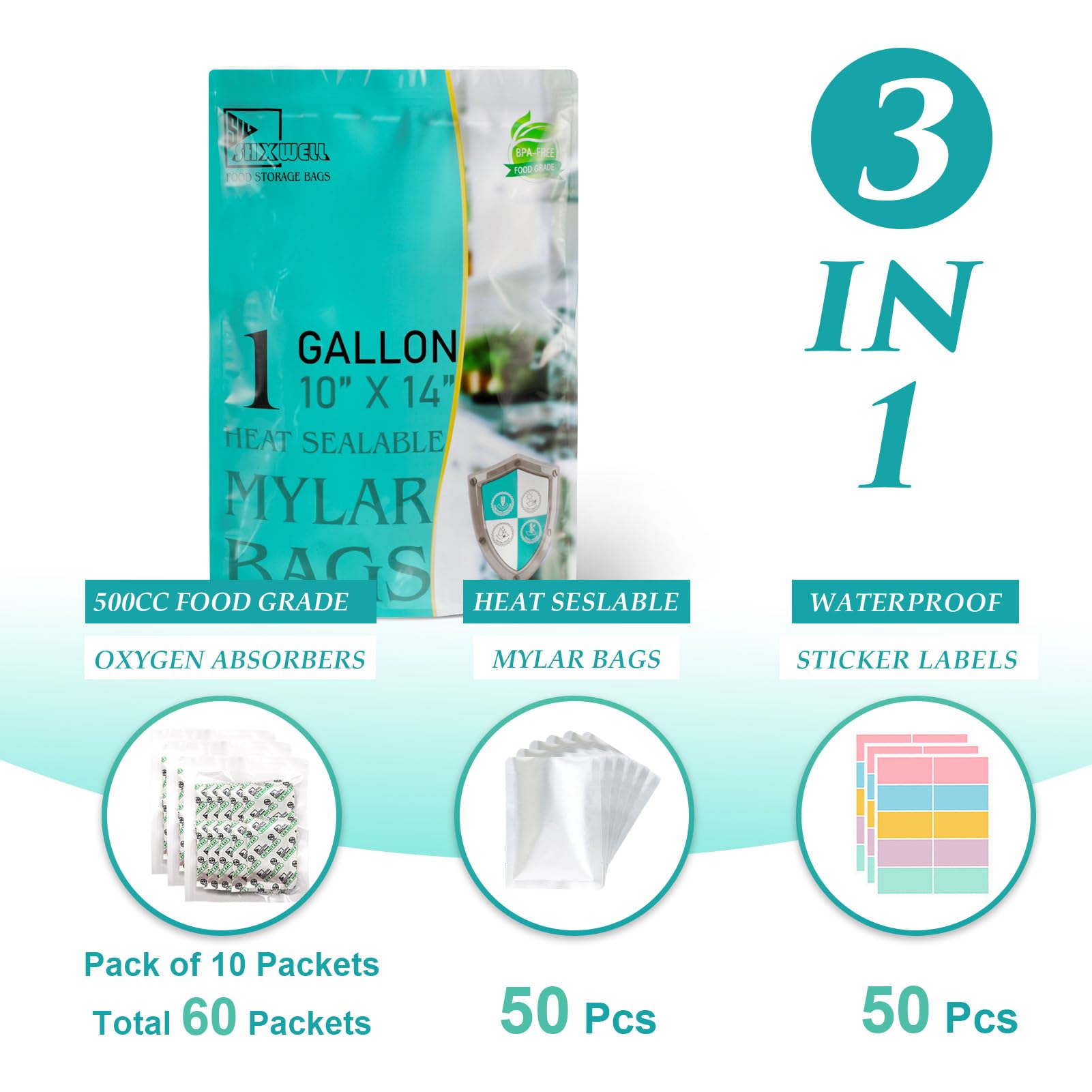 50Pcs 1 Gallon Mylar Bags For Food Storage With Oxygen Absorbers 500Cc (6 Packs Of 10Pcs) And Labels, 9.5 Mil 10''X14'' Vacuum S