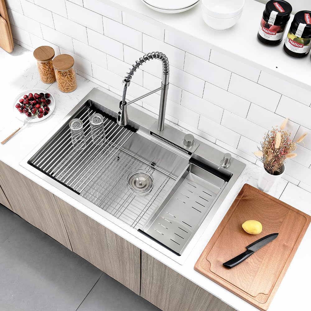 Boomhoze 33-Inch Drop In Waterfall Kitchen Sink Workstation, 33X22 Drop In Kitchen Sink With Waterfall Faucet Single Bowl 16 Gau