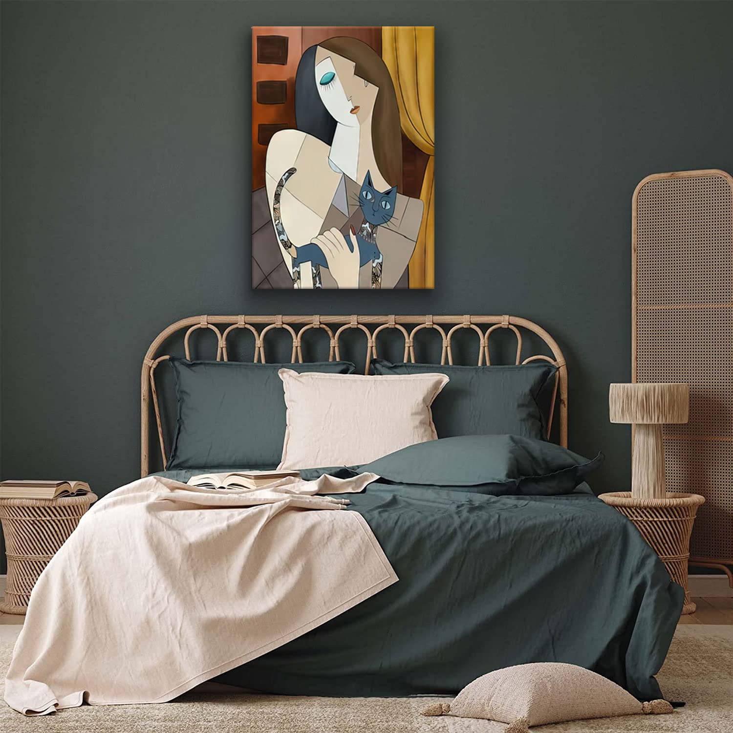 Framed Picasso Wall Art Nordic Abstract Girl and Cat Canvas Wall Art Bohemian Canvas Prints The Dream Girl with Cat Picture Modern Wall Decor for Hotel Rooms Bedroom Poster 12''* 16''