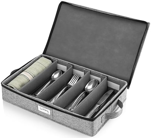 Stozu Flatware Storage Case With 5 Adjustable Compartments - Tableware Utensil Chest With Carrying Handles And Adjustable Divide