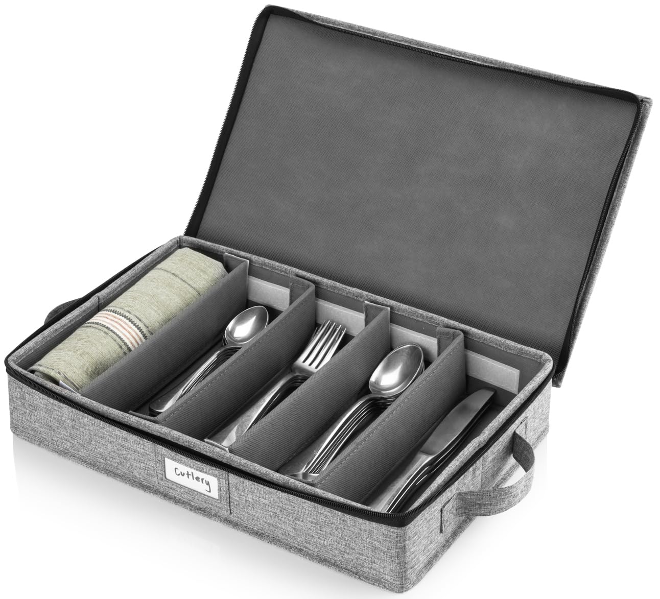 Stozu Flatware Storage Case With 5 Adjustable Compartments - Tableware Utensil Chest With Carrying Handles And Adjustable Divide