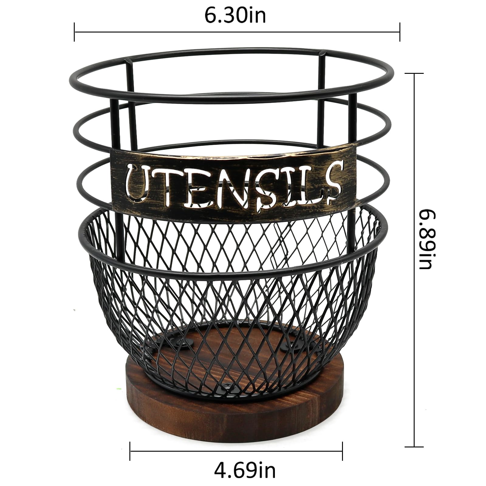 Sodsai Large Utensils Holder In Sleek Matte Black With Rustic Wooden Base For Modern Kitchens - Spacious, Rustproof Organizer Fo