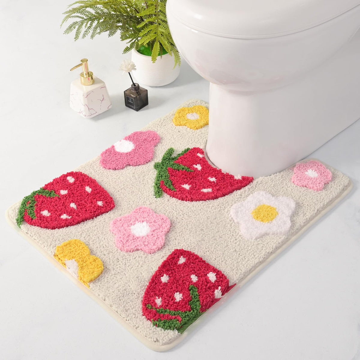Anybar Beige Toilet Rugs U Shaped, Cute Strawberry Flower Bathroom Contour Toilet Mats,Extra Soft Absorbent Toilet Carpet Bathro