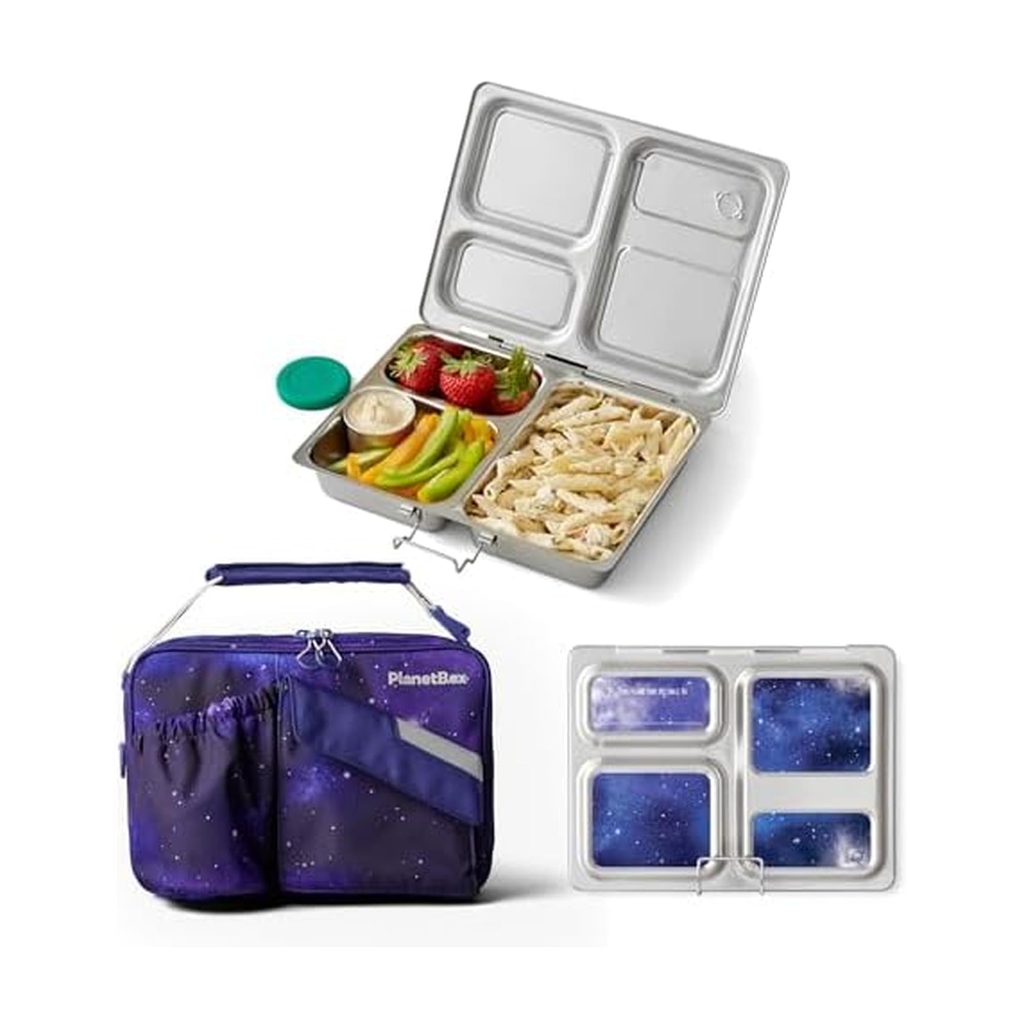 PlanetBox Launch Stainless Steel Bento Box Style Lunch Box Kit for Kids and Teens with 3 Compartments - Stardust Edition include