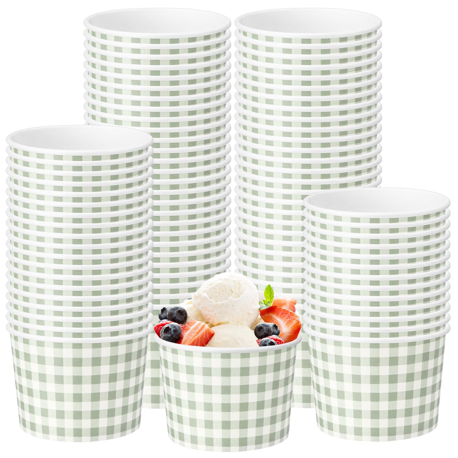Funnymoom 50 Pack Green Gingham Ice Cream Cups 9 oz Green and White Checkered Disposable Dessert Bowls Paper Soup Bowls Plaid Sn