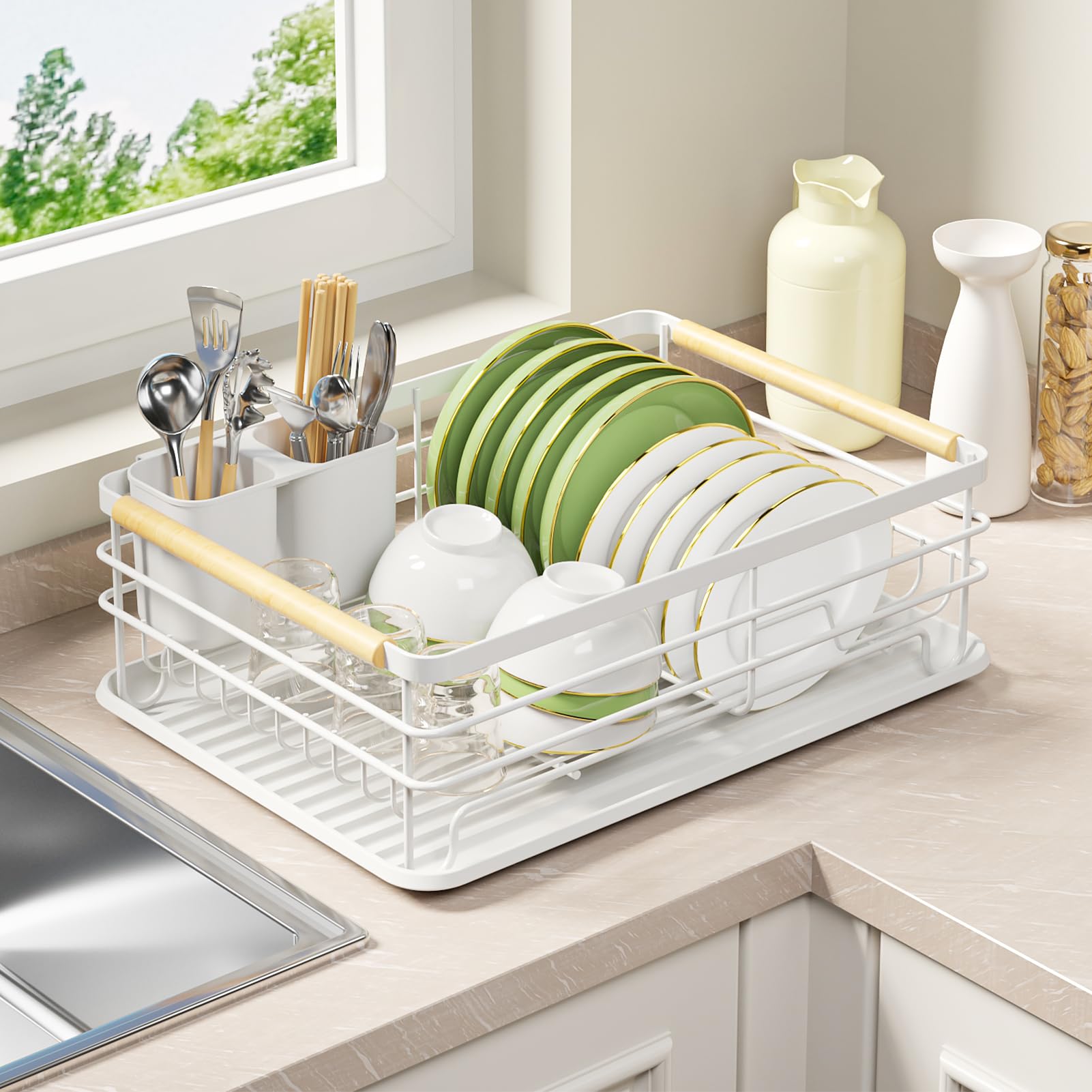 Jouzevic Dish Racks For Kitchen Counter: Thickened Metal Materials, No Assembly, Wood Handles. Small Dish Drying Rack: Ideal For