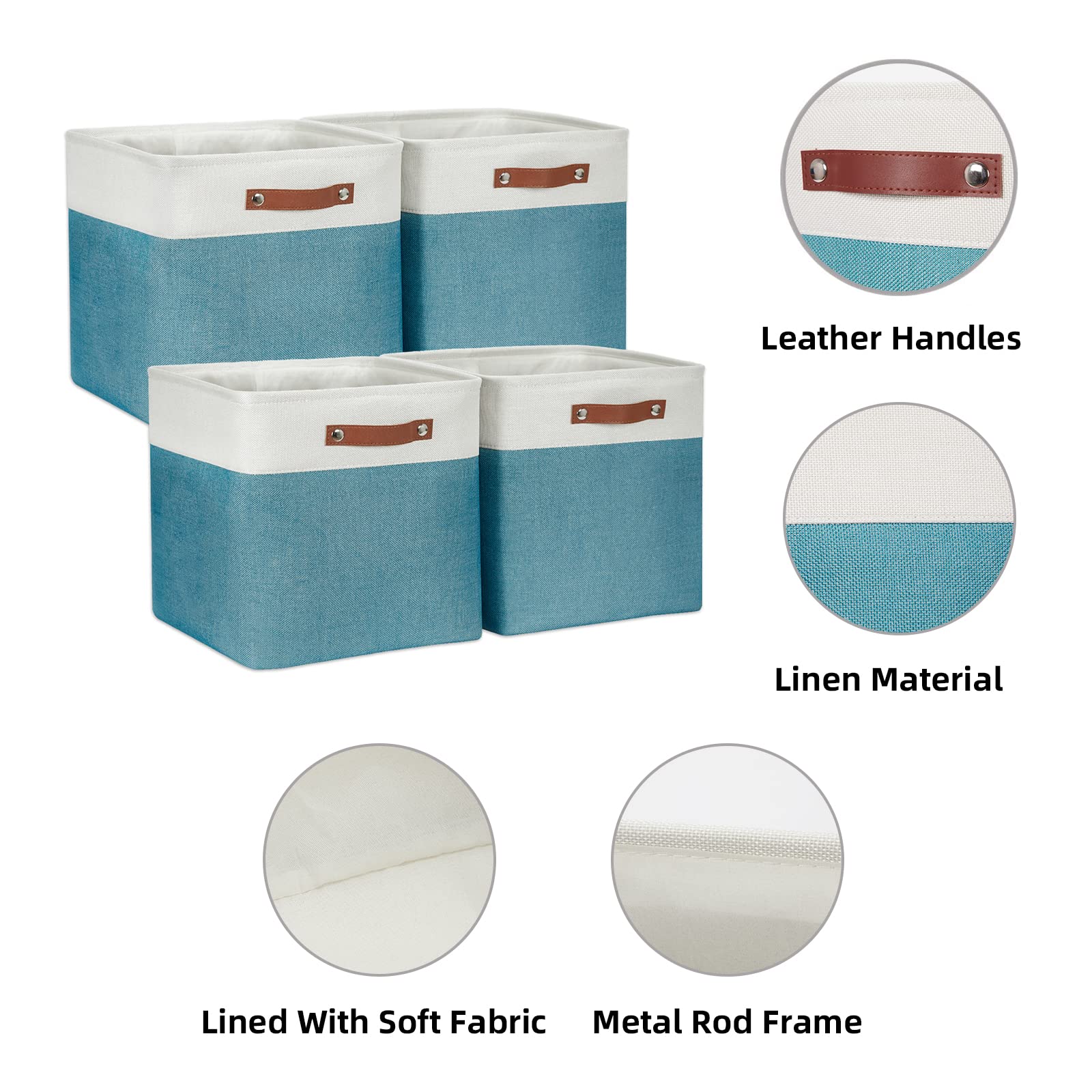 HNZIGE Fabric Storage Cubes Baskets 13 Inch Cube Storage Bins with Handles(4 Pack) Decorative Storage Baskets for Organizing Clothes  Toys  Closet  Nursery (Teal White)