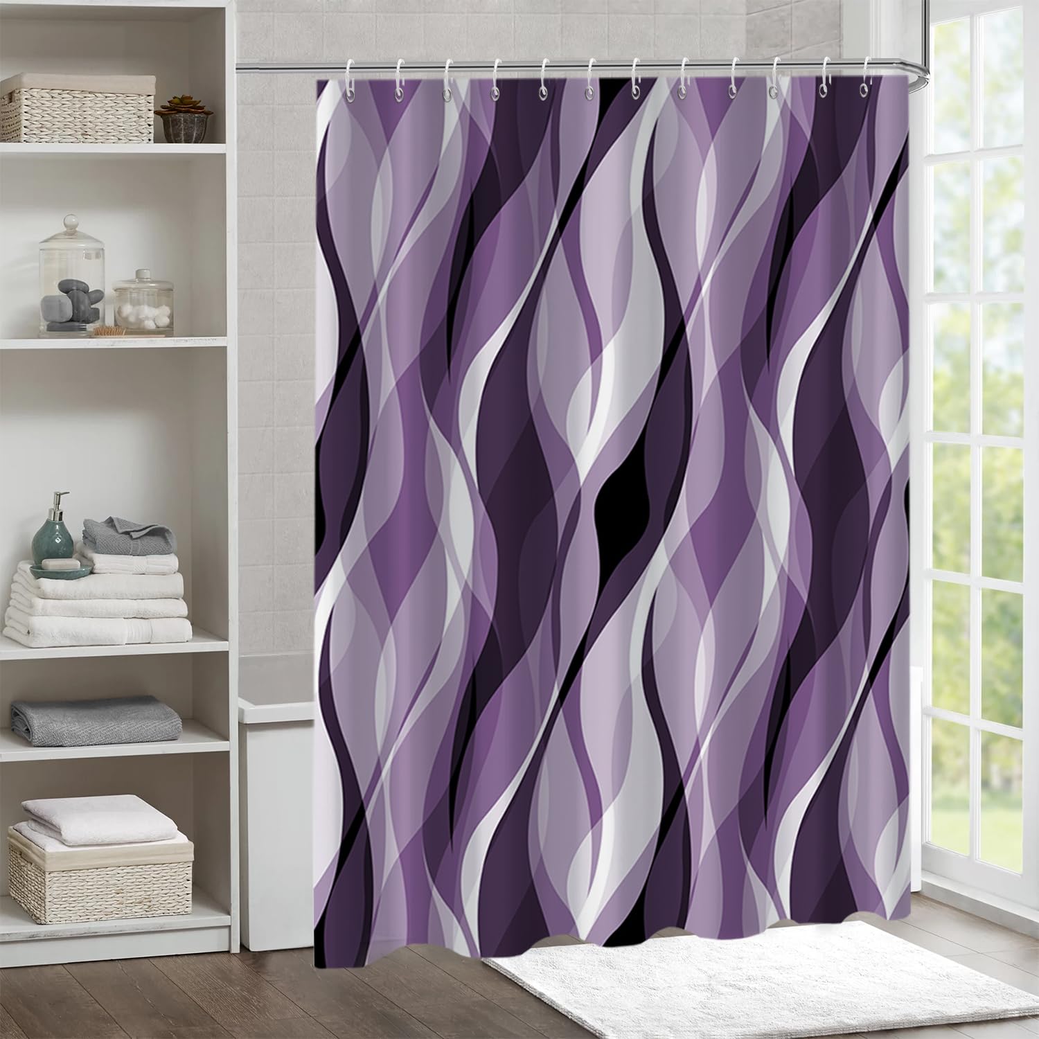 Ruelvth Purple Shower Curtain, 72x72 Inch Waterproof Polyester, Modern Abstract Design in Purple and Grey