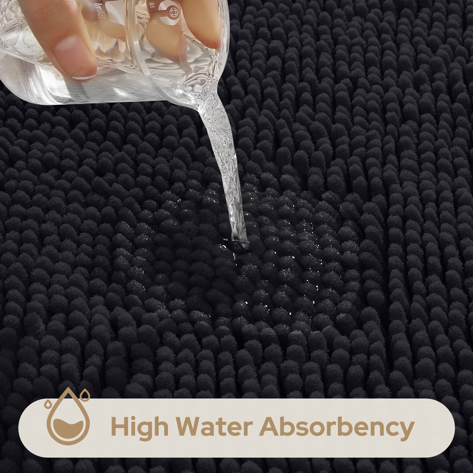 Homeideas 3 Pieces Bathroom Rugs, Extra Large Ultra Soft Non Slip Absorbent Chenille Toilet Bath Mat Set (Black)