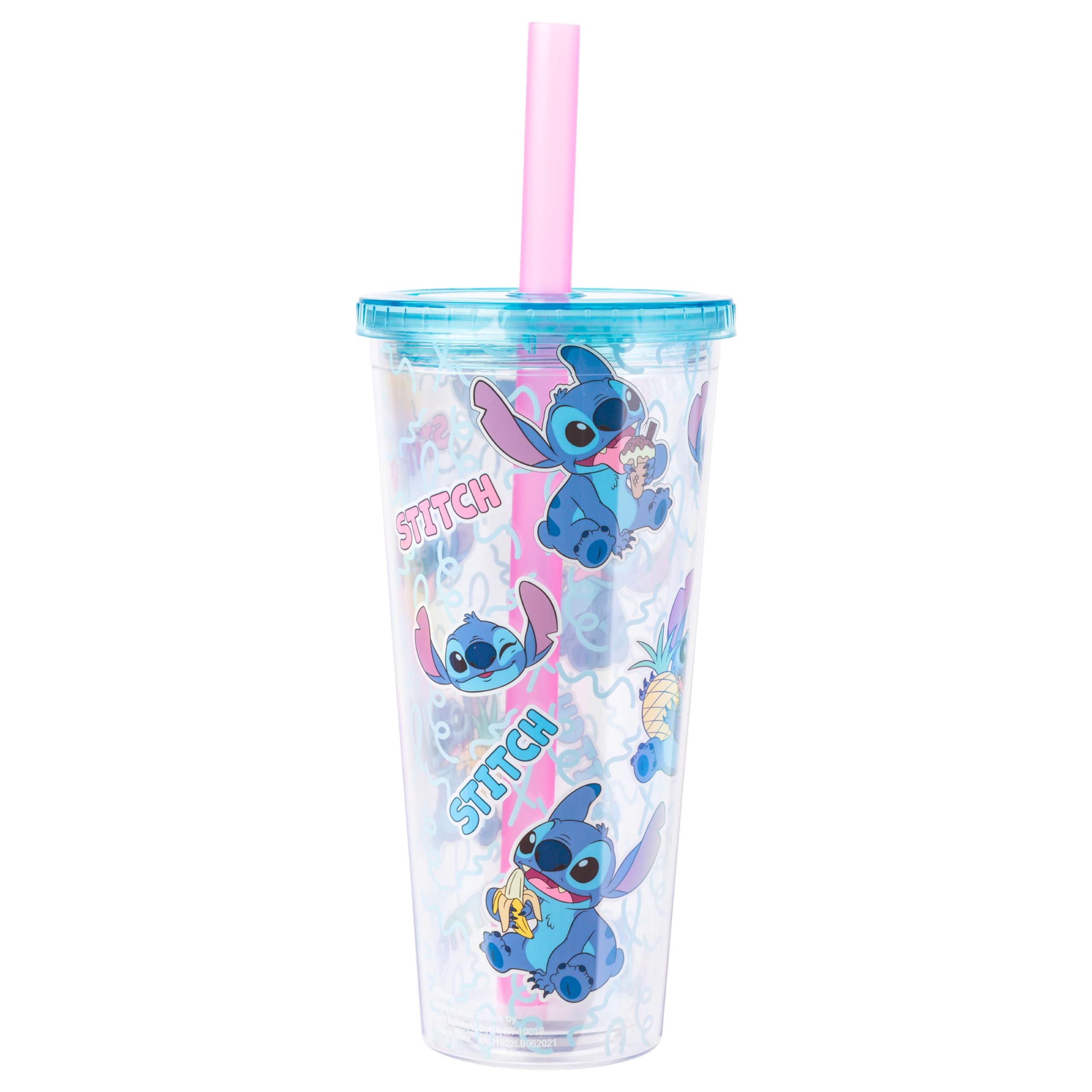 Silver Buffalo Disney Lilo And Stitch Snacking Pattern Plastic Boba Tumbler With Lid And Straw, 24 Ounces