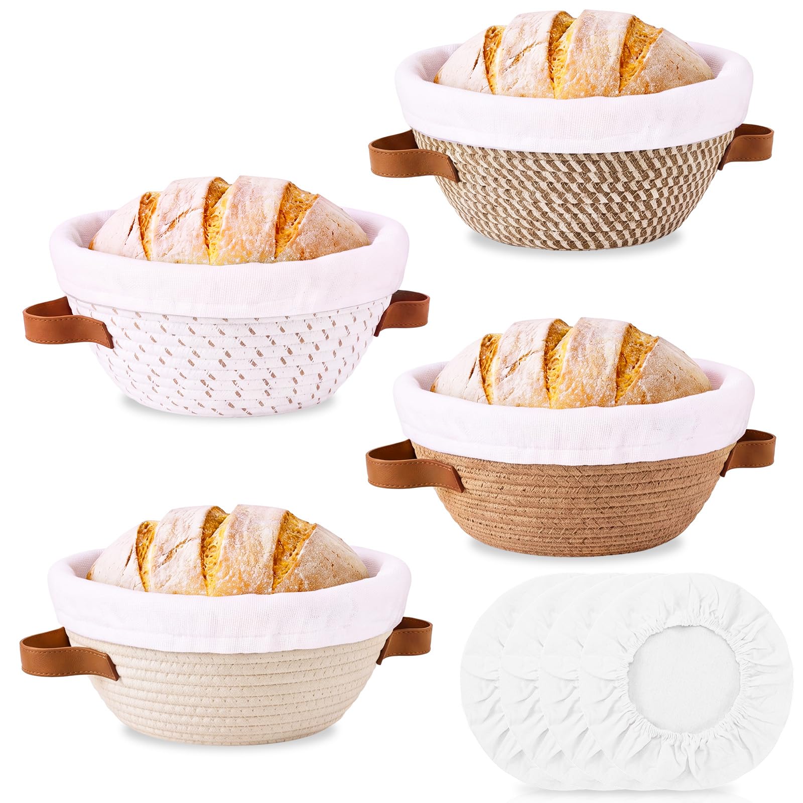 Ferrochef 4 Pcs 9 Inch Banneton Bread Proofing Basket Set, Cotton Rope Bread Basket with Cloth Liners and Dust Caps, Sourdough P