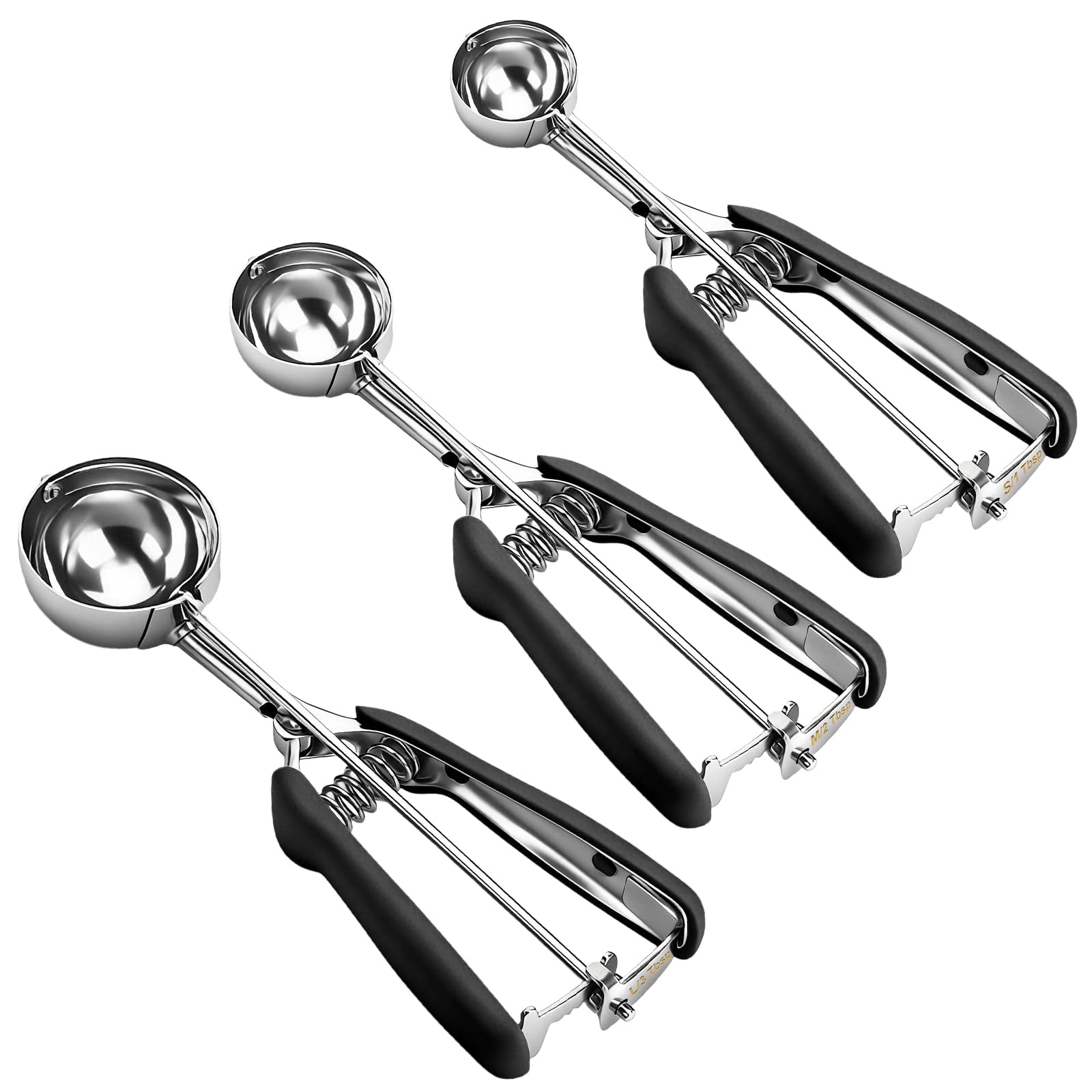 Cookie Scoop Set of 3,Black Cookie Scoops for Baking with Engraved Sizes,18/8 Stainless Steel Ice Cream Scoop with Non-Slip Soft